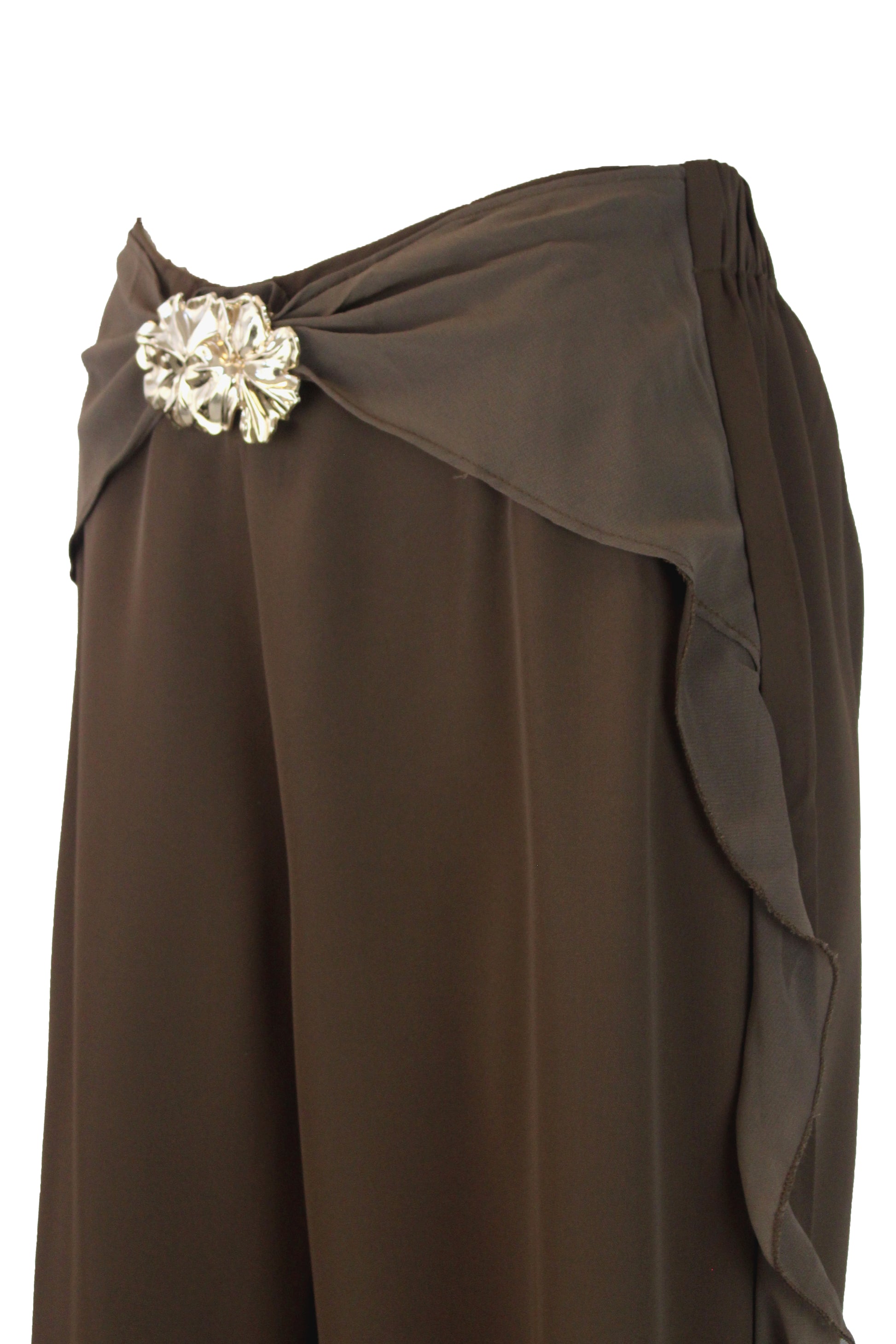 PS25917 Pantalón Lisa Ondas en Bordes Hebilla de Flores