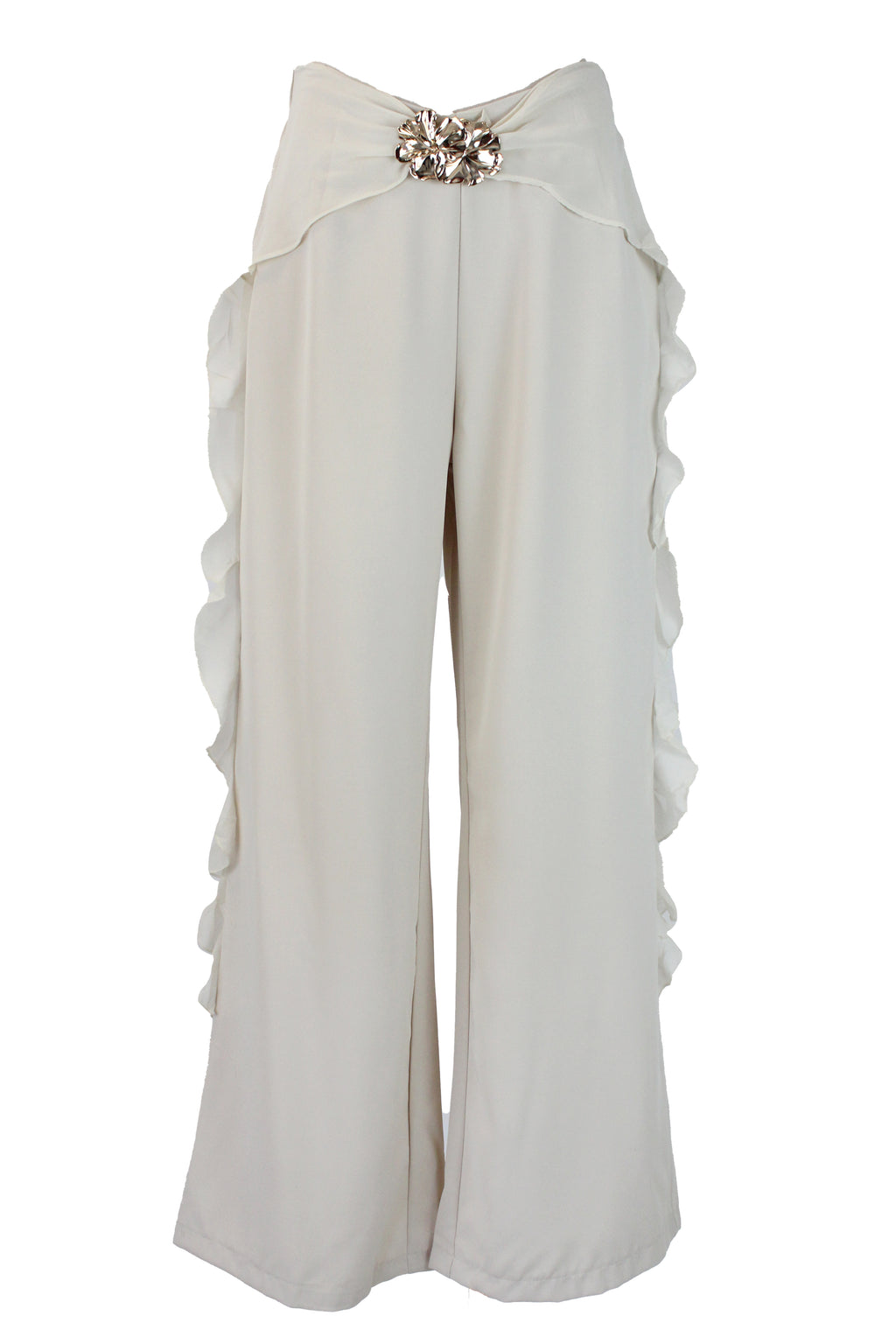 PS25917 Pantalón Lisa Ondas en Bordes Hebilla de Flores