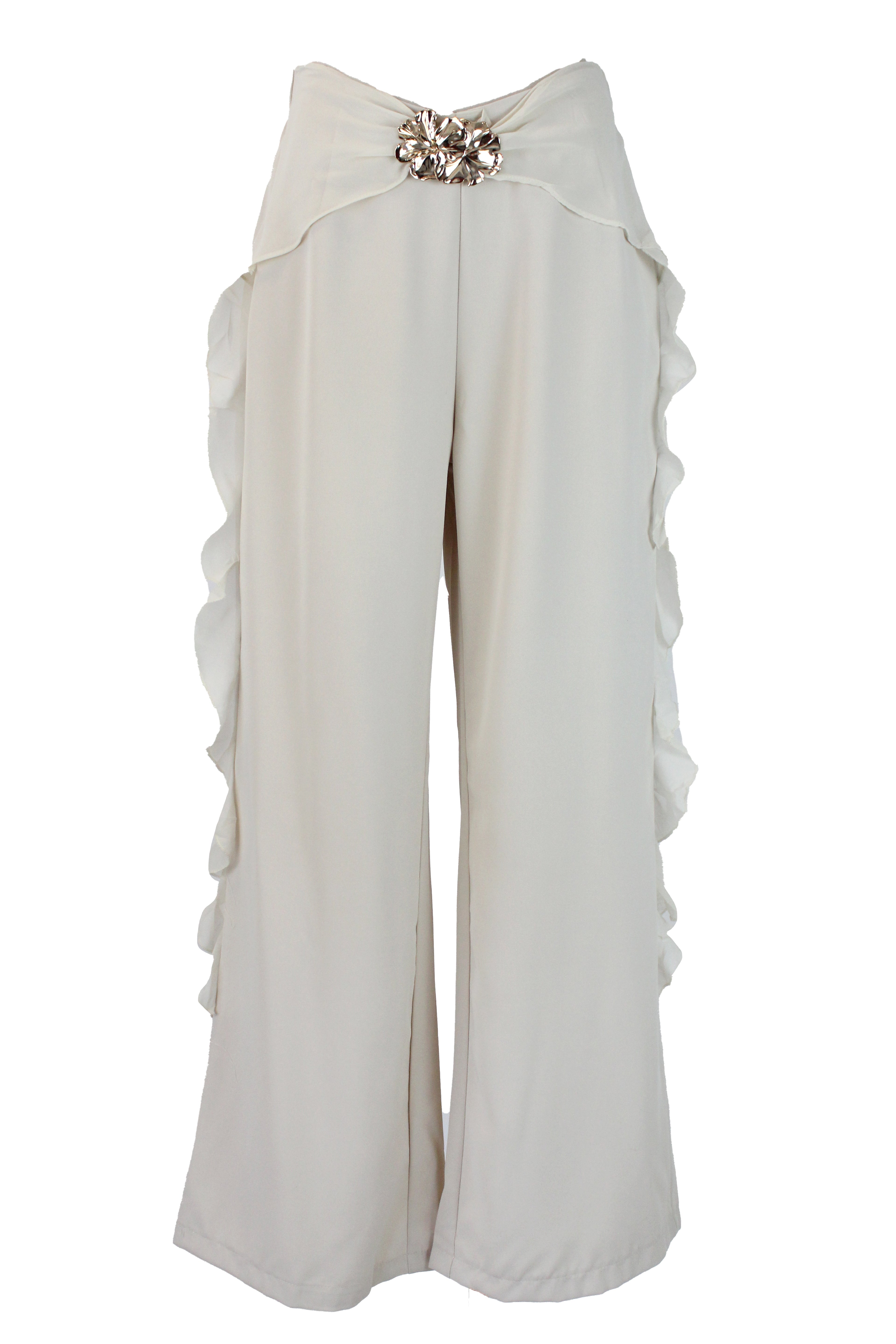 PS25917 Pantalón Lisa Ondas en Bordes Hebilla de Flores