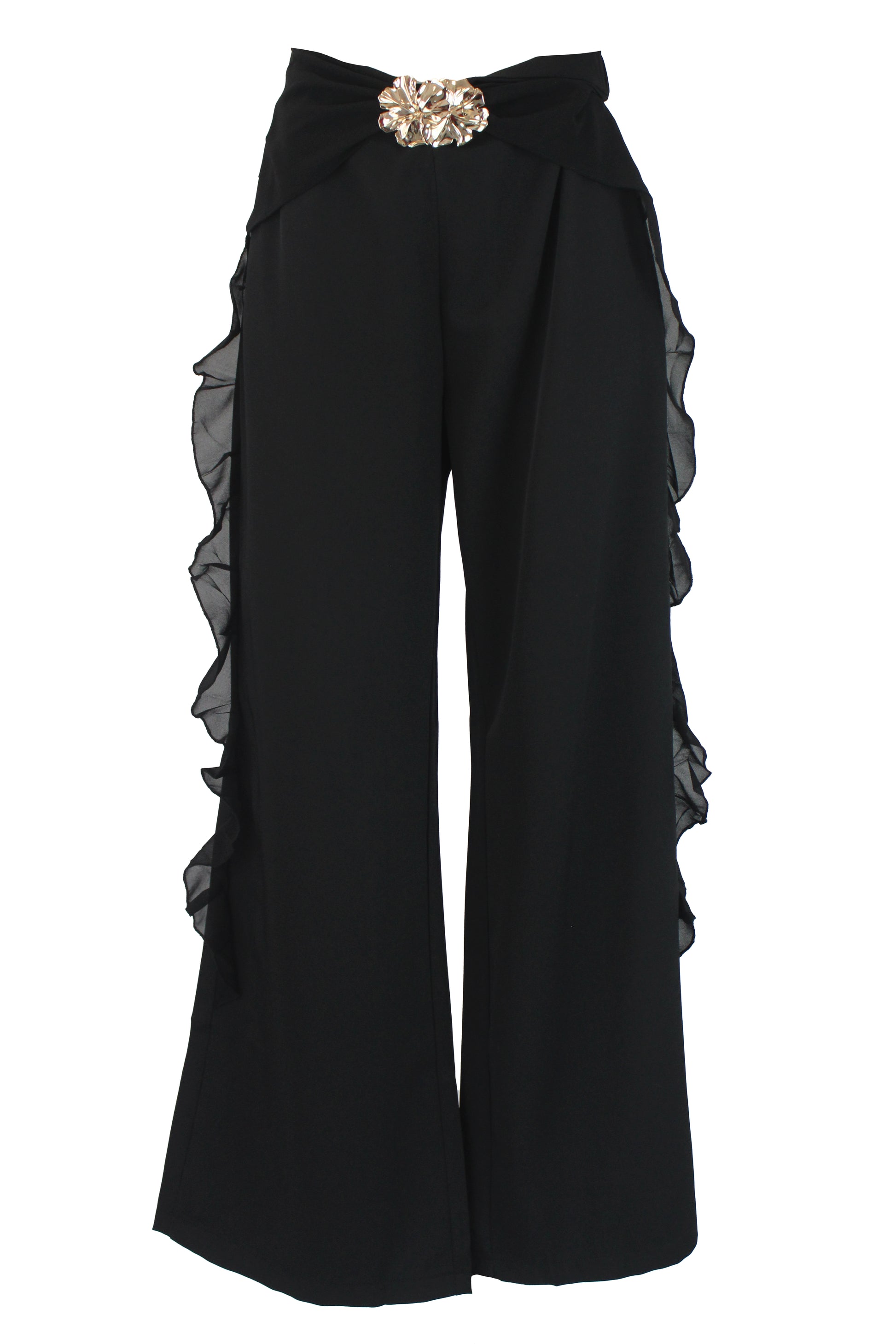 PS25917 Pantalón Lisa Ondas en Bordes Hebilla de Flores