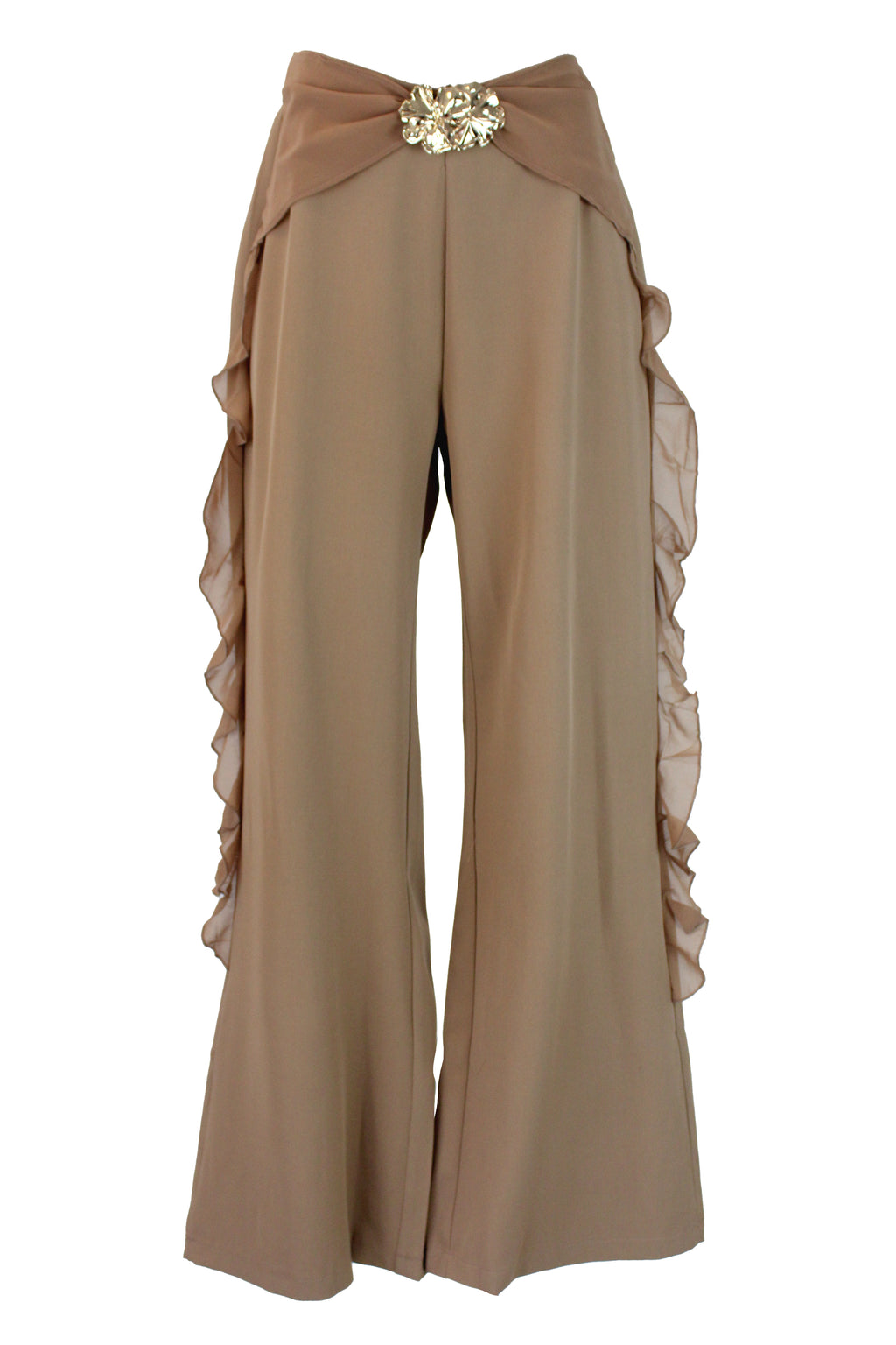 PS25917 Pantalón Lisa Ondas en Bordes Hebilla de Flores