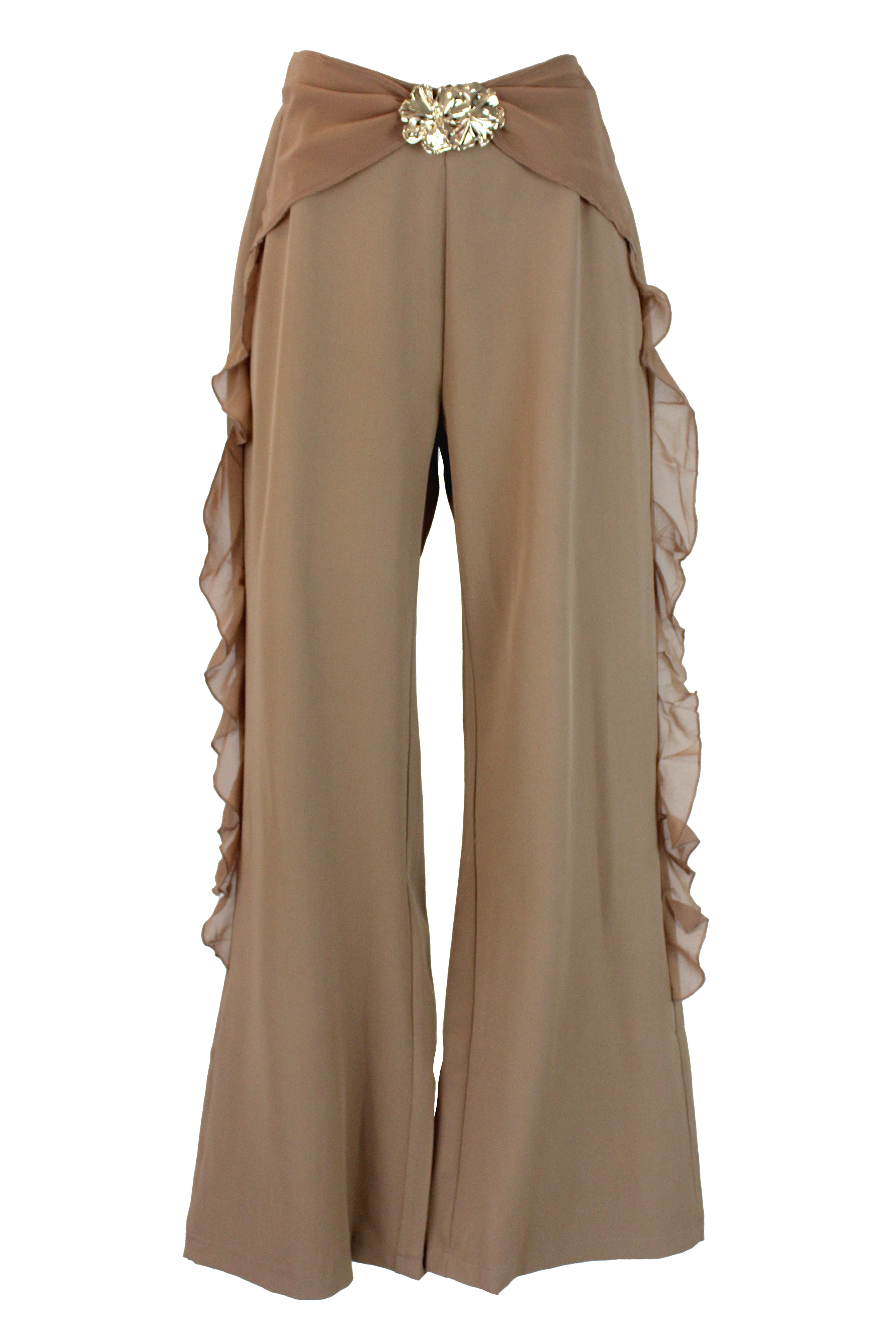 PS25917 Pantalón Lisa Ondas en Bordes Hebilla de Flores
