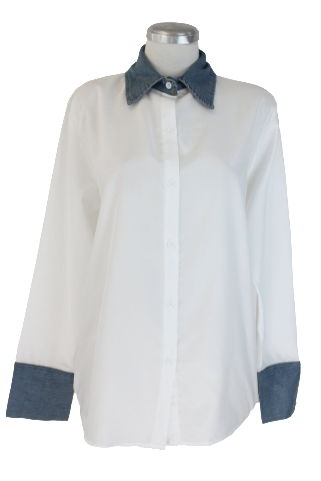 T35981 Camisa Lisa con Cuello y Muñecas de Mezclilla