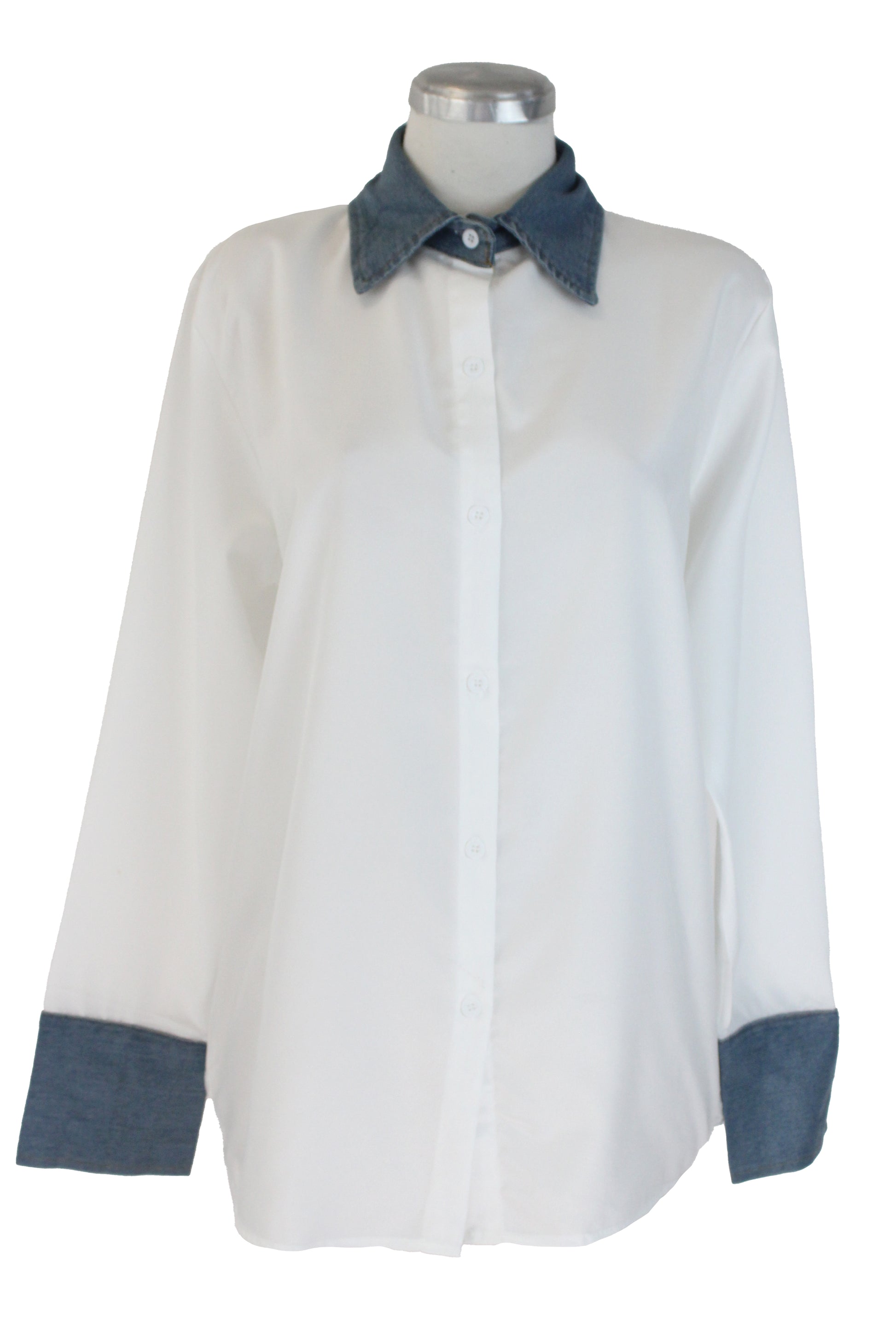 T35981 Camisa Lisa con Cuello y Muñecas de Mezclilla