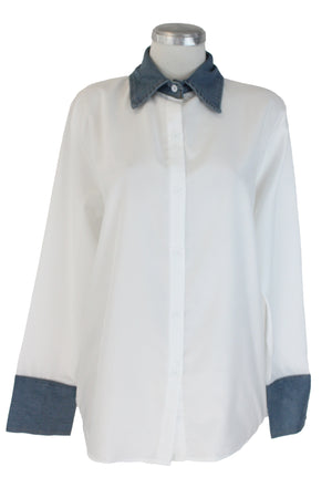 T35981 Camisa Lisa con Cuello y Muñecas de Mezclilla