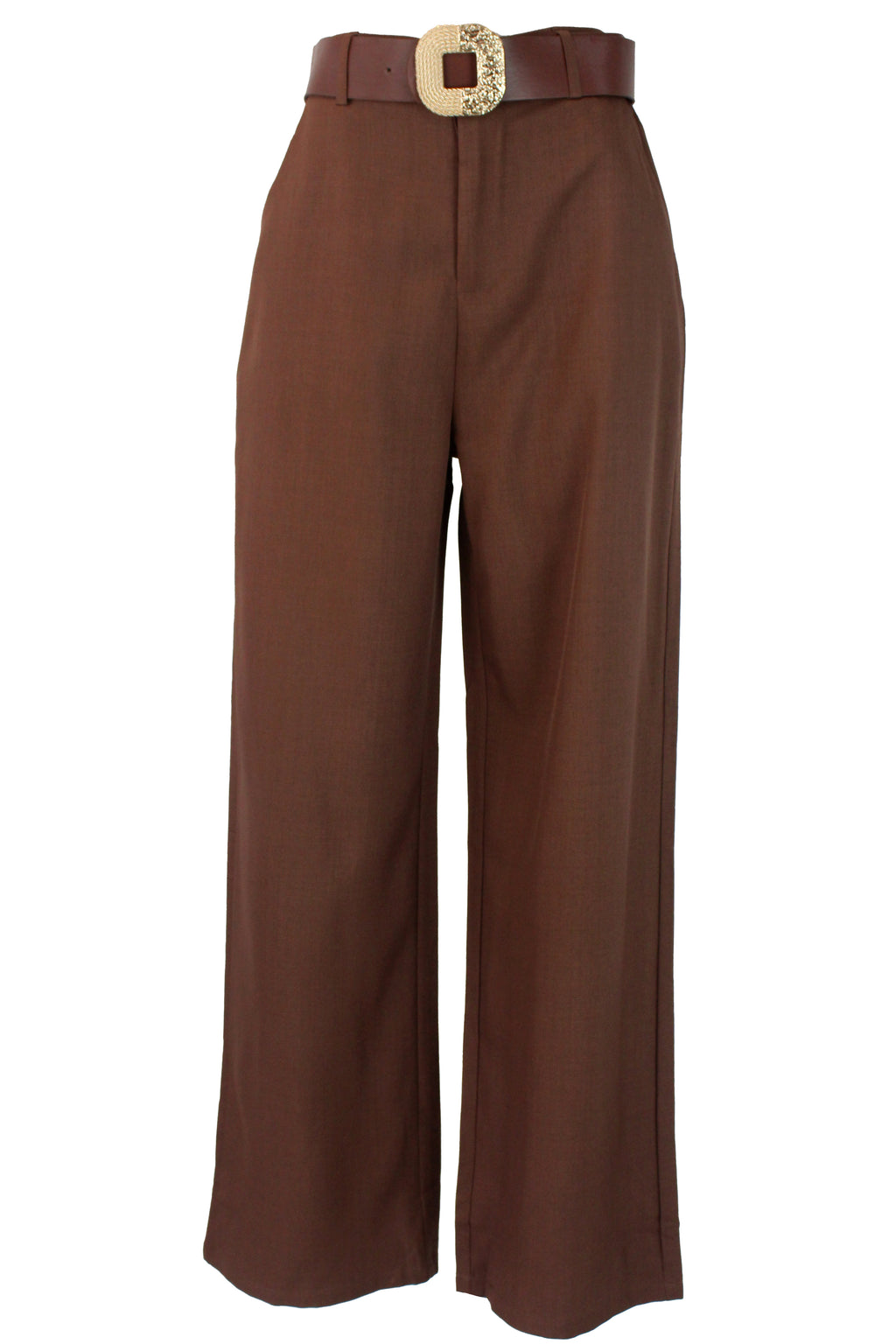 D25818 Pantalón Liso con Cinto Hebilla Cuadrada Grabada