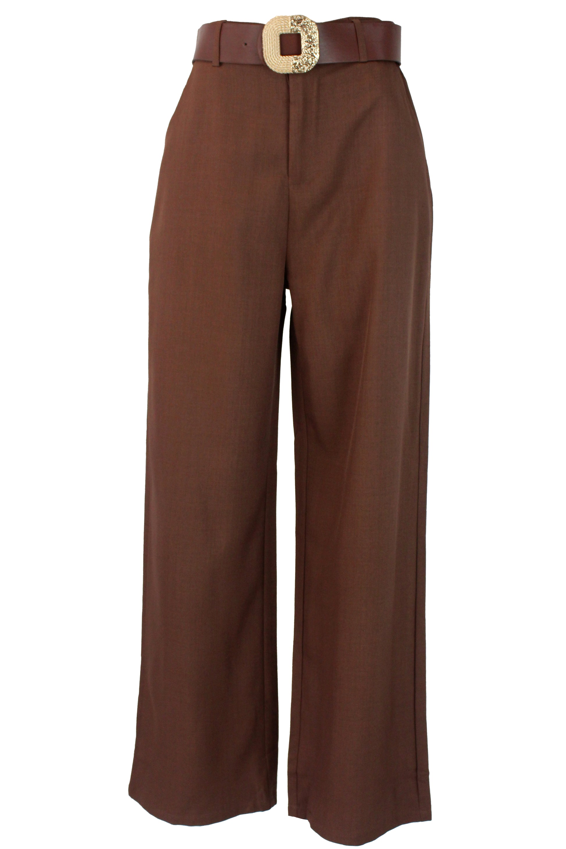 D25818 Pantalón Liso con Cinto Hebilla Cuadrada Grabada