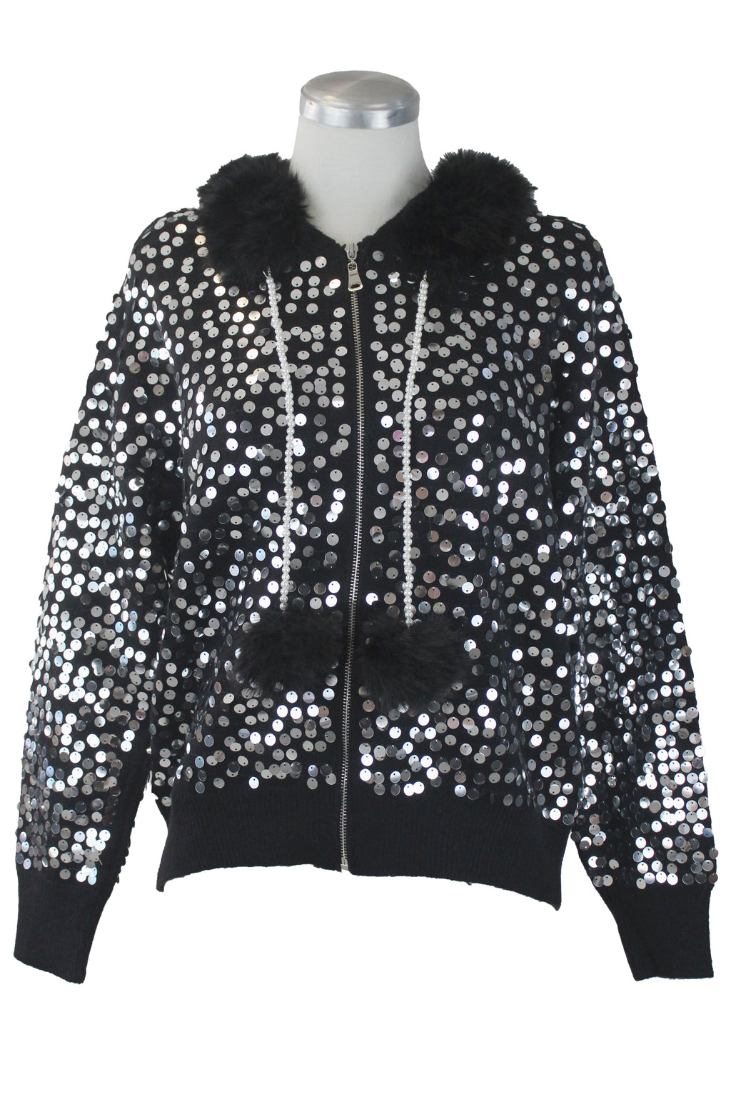 T1913 Chamarra Lentejuelas con Peluche Cordones Aperlados