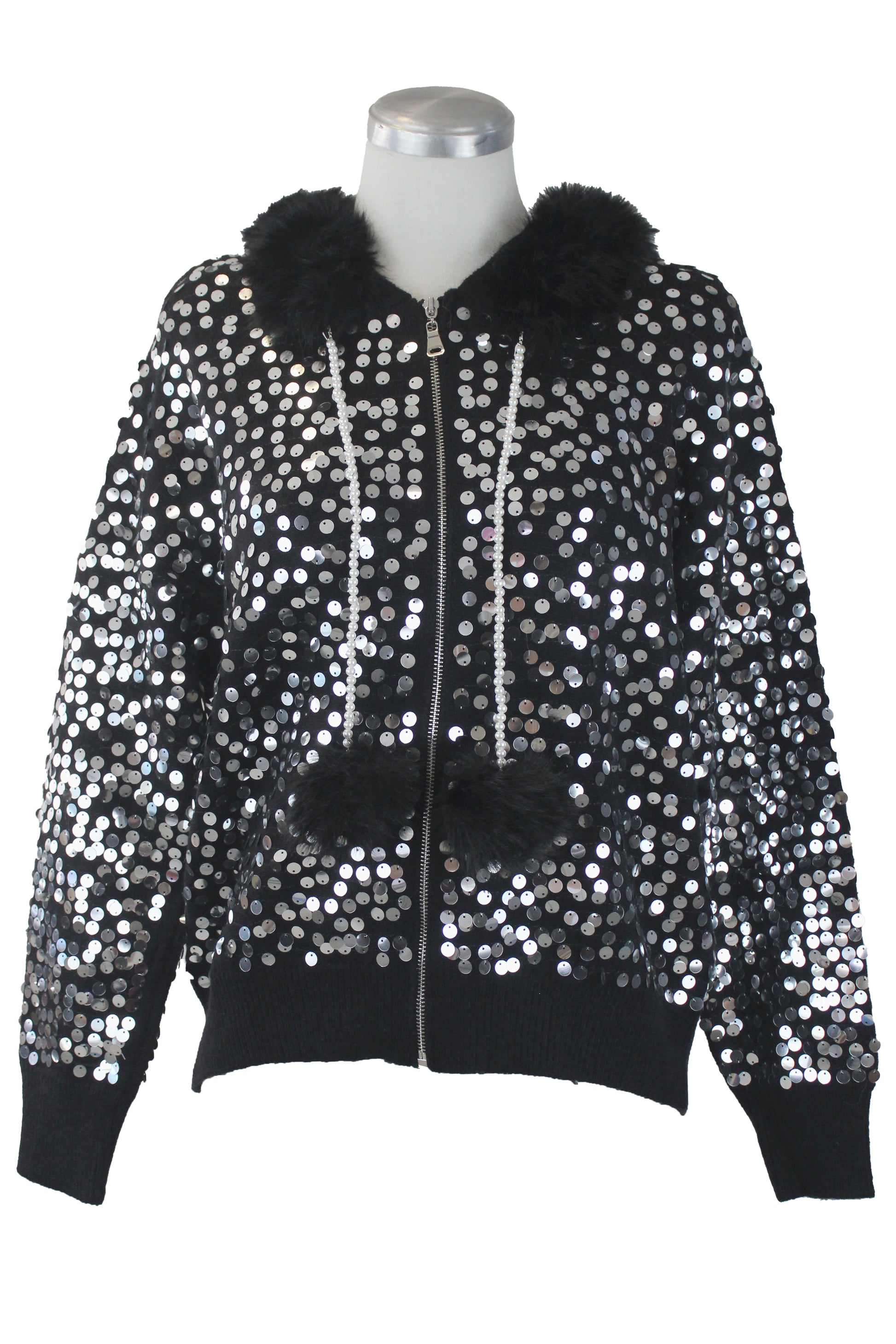 T1913 Chamarra Lentejuelas con Peluche Cordones Aperlados