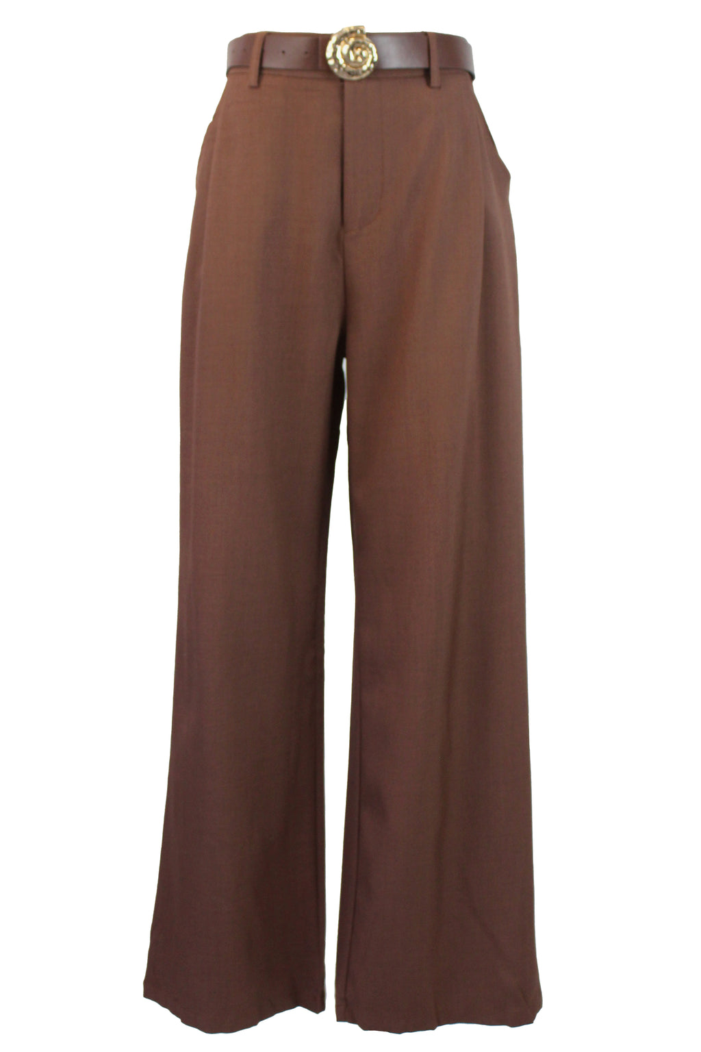 D25819 Pantalón Liso de Vestir Mitad Pretina Mitad Elástico Cinto Hebilla Caracol