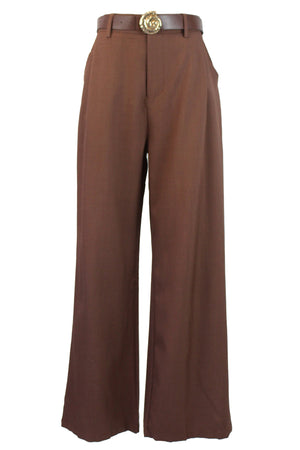 D25819 Pantalón Liso de Vestir Mitad Pretina Mitad Elástico Cinto Hebilla Caracol