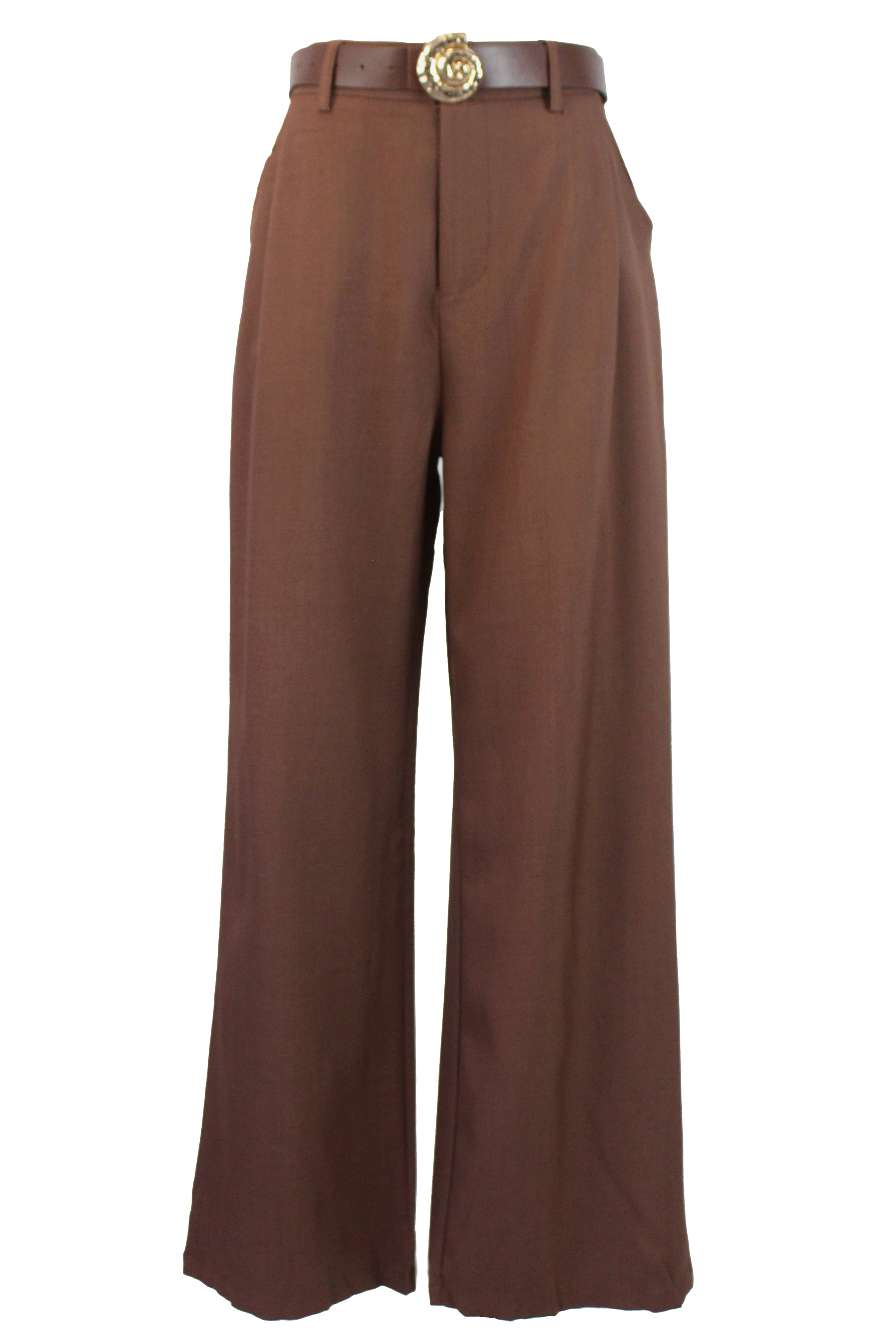 D25819 Pantalón Liso de Vestir Mitad Pretina Mitad Elástico Cinto Hebilla Caracol