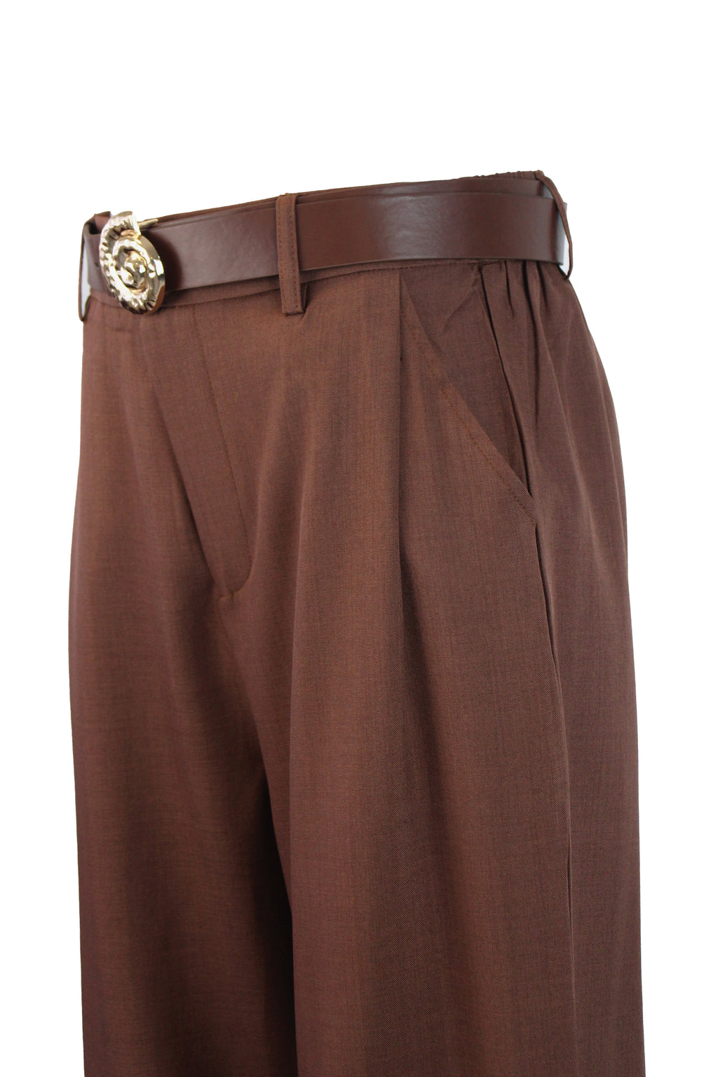 D25819 Pantalón Liso de Vestir Mitad Pretina Mitad Elástico Cinto Hebilla Caracol