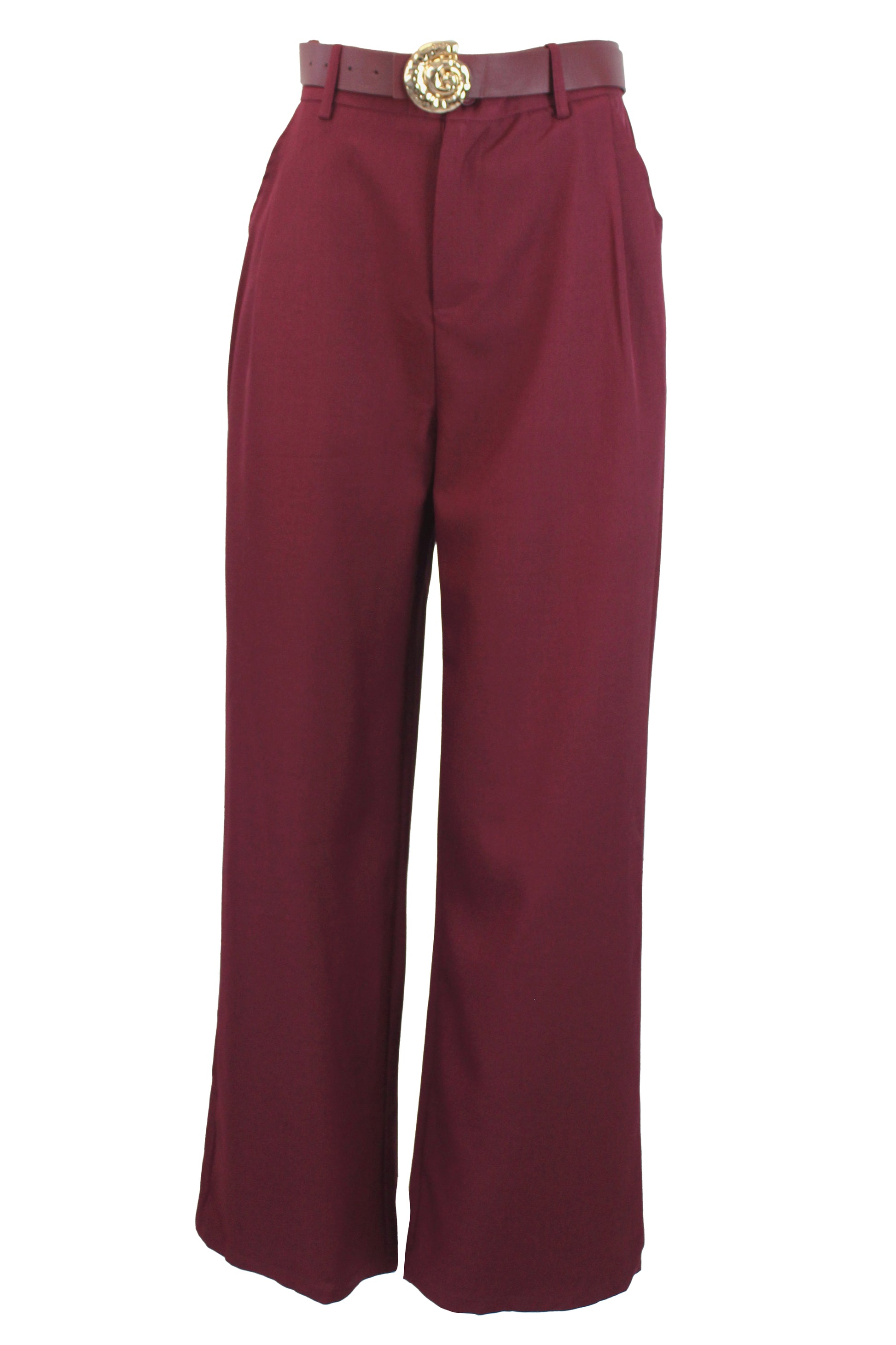 D25819 Pantalón Liso de Vestir Mitad Pretina Mitad Elástico Cinto Hebilla Caracol