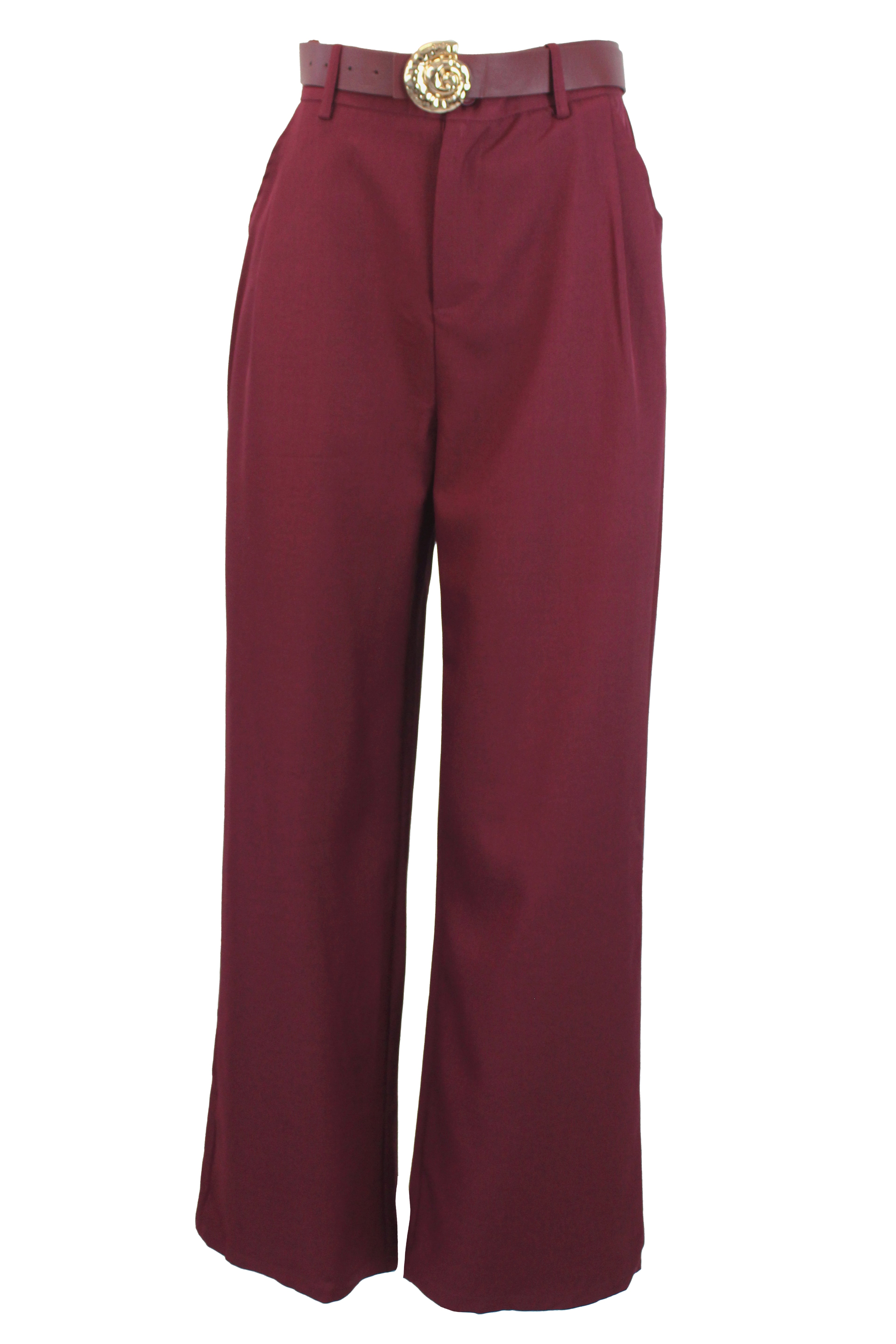 D25819 Pantalón Liso de Vestir Mitad Pretina Mitad Elástico Cinto Hebilla Caracol