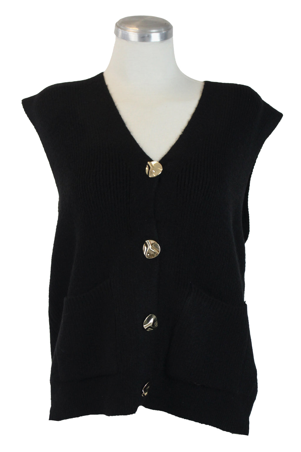 T3530 Chaleco Tejido Botones Dorados Arrugados