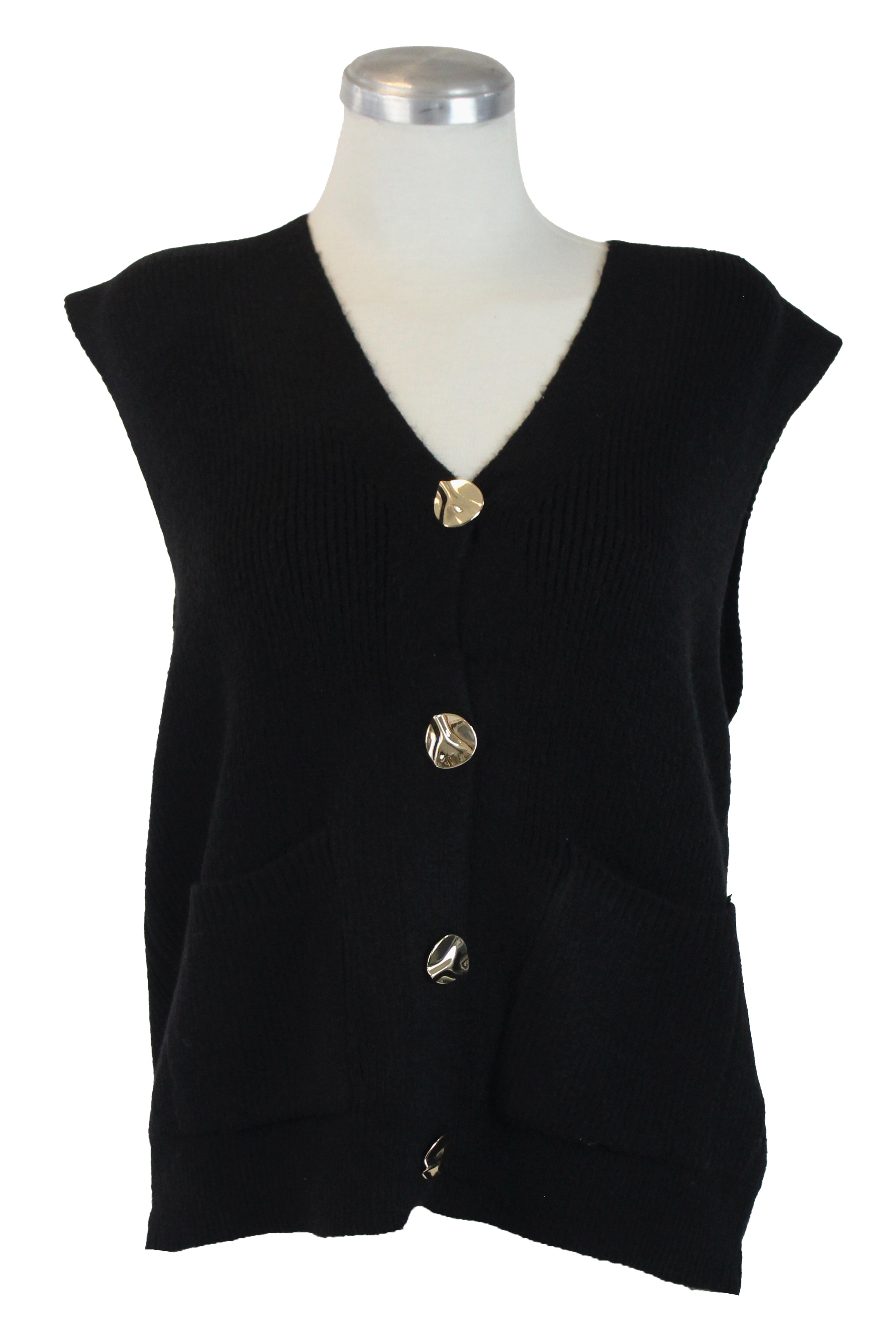 T3530 Chaleco Tejido Botones Dorados Arrugados