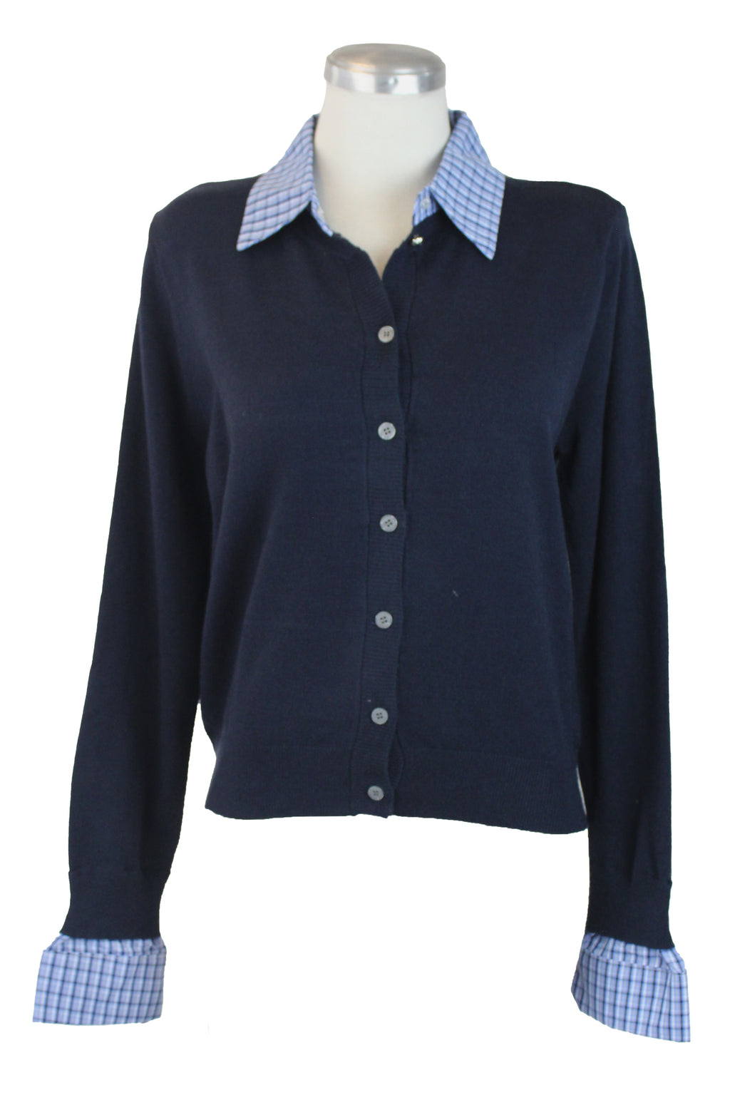 H922 Suéter con Botones Cuello de Camisa Muñecas a Cuadros