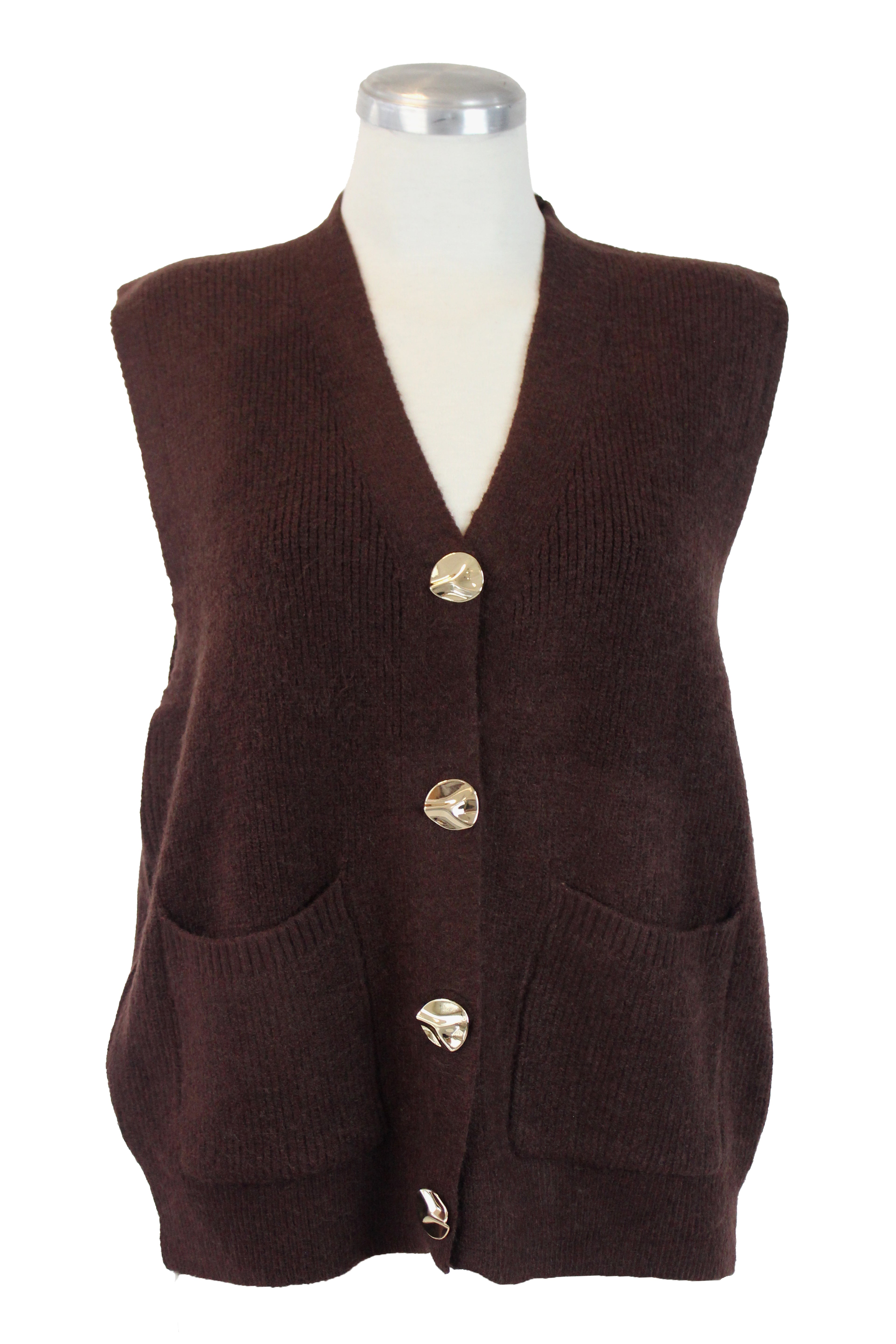 T3530 Chaleco Tejido Botones Dorados Arrugados