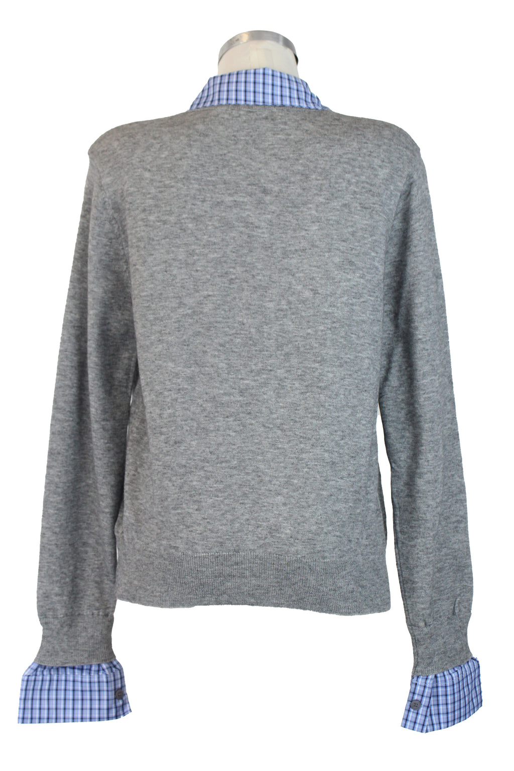 H922 Suéter con Botones Cuello de Camisa Muñecas a Cuadros