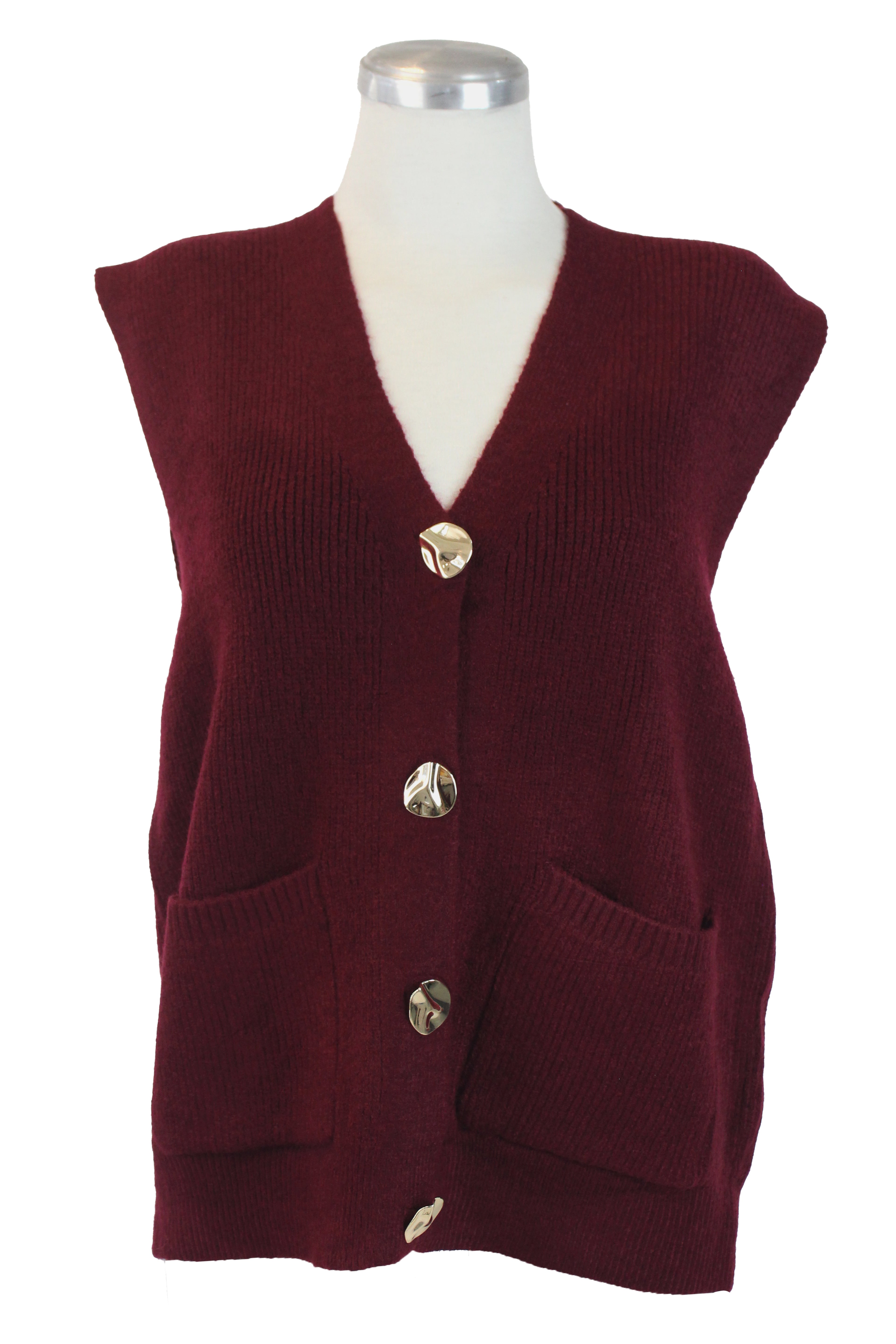 T3530 Chaleco Tejido Botones Dorados Arrugados