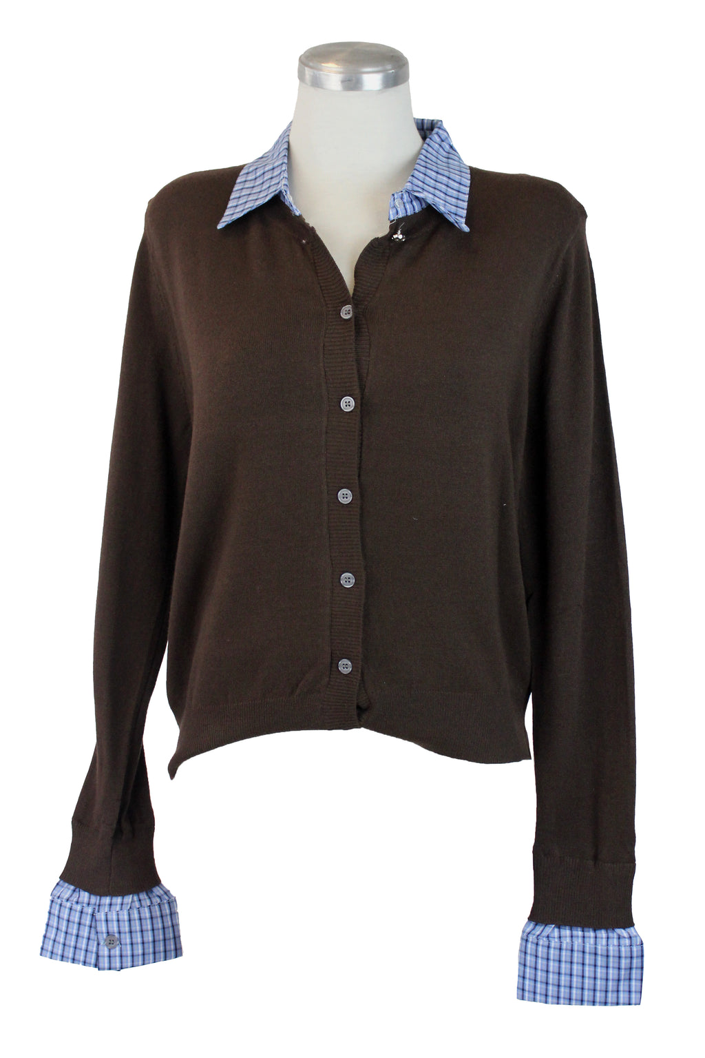 H922 Suéter con Botones Cuello de Camisa Muñecas a Cuadros