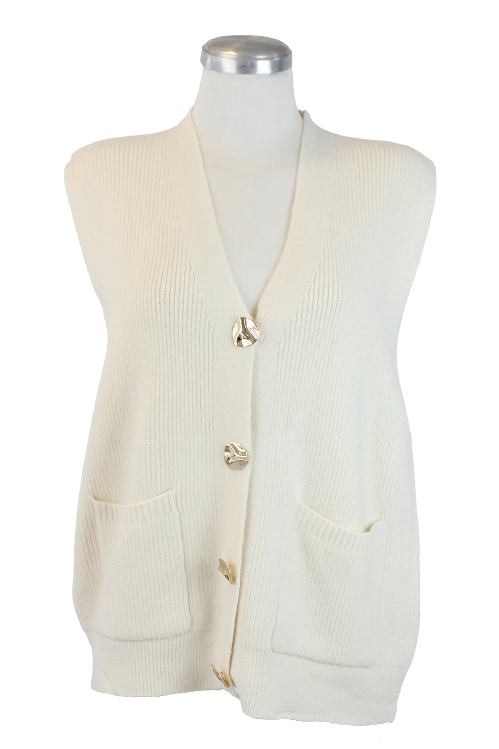 T3530 Chaleco Tejido Botones Dorados Arrugados