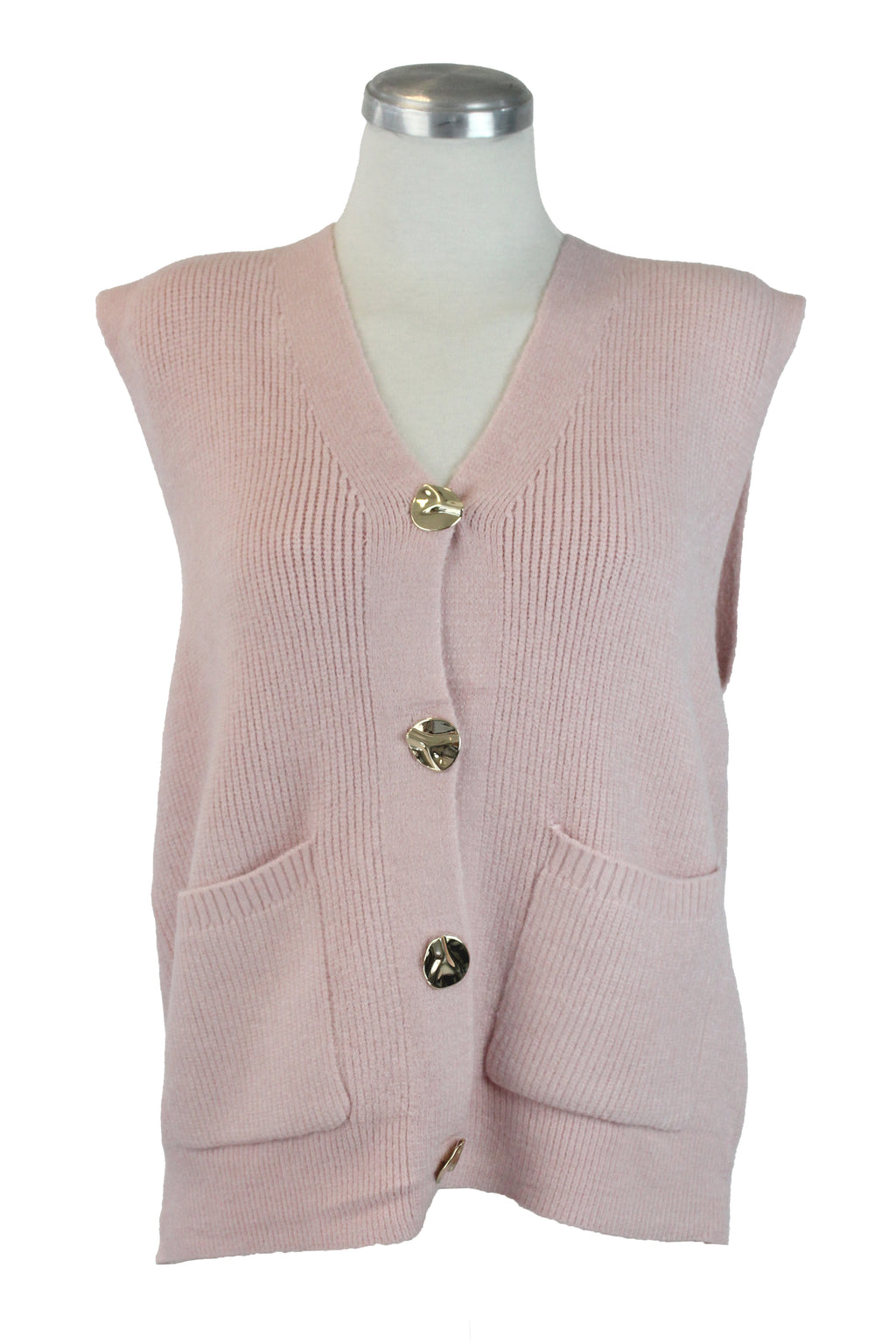 T3530 Chaleco Tejido Botones Dorados Arrugados