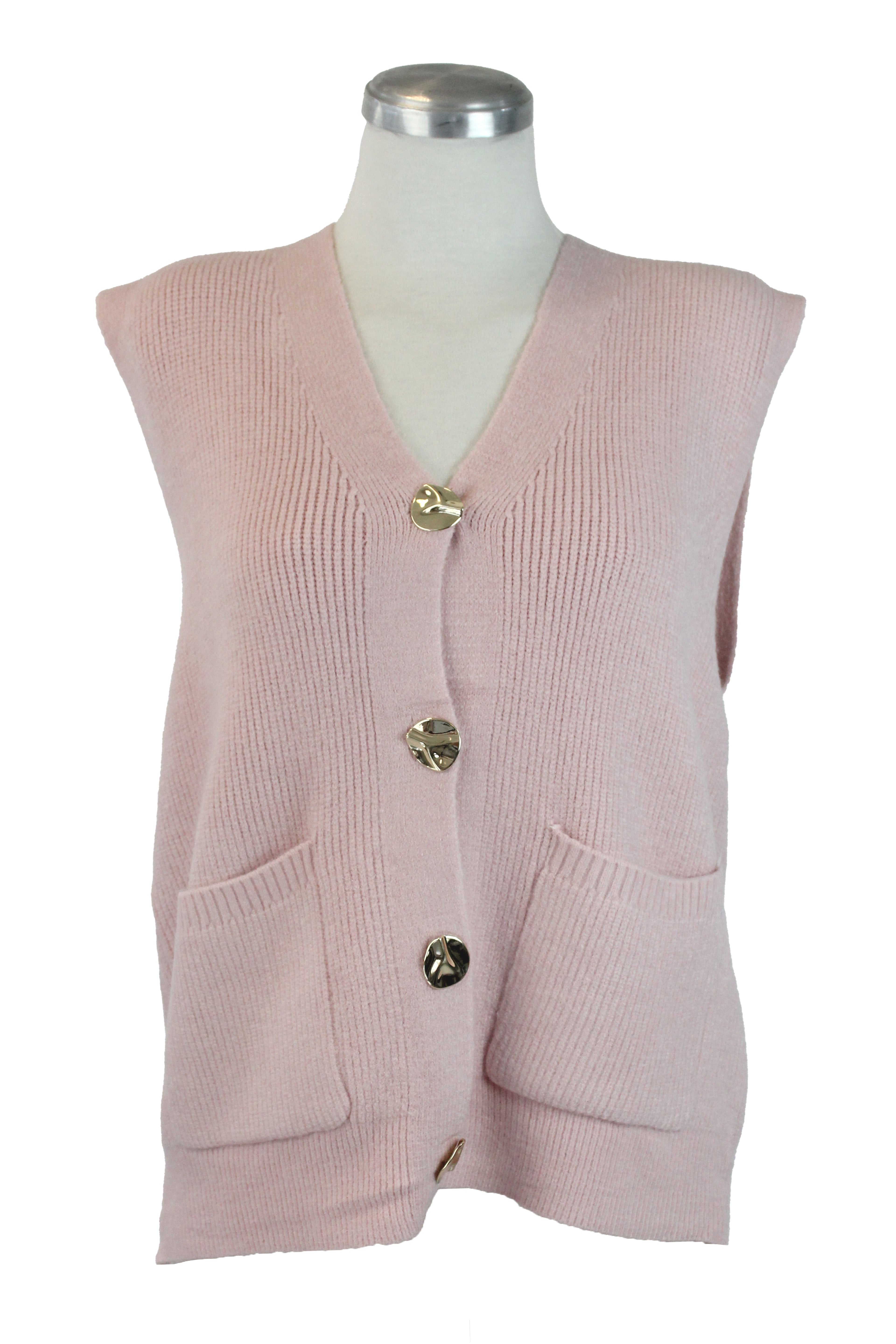 T3530 Chaleco Tejido Botones Dorados Arrugados