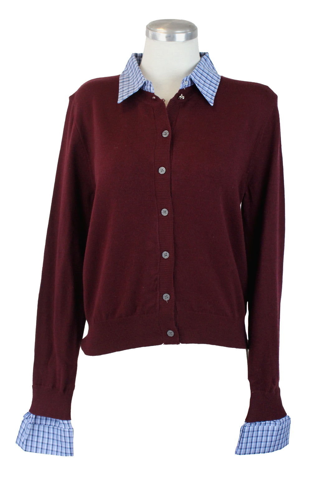 H922 Suéter con Botones Cuello de Camisa Muñecas a Cuadros