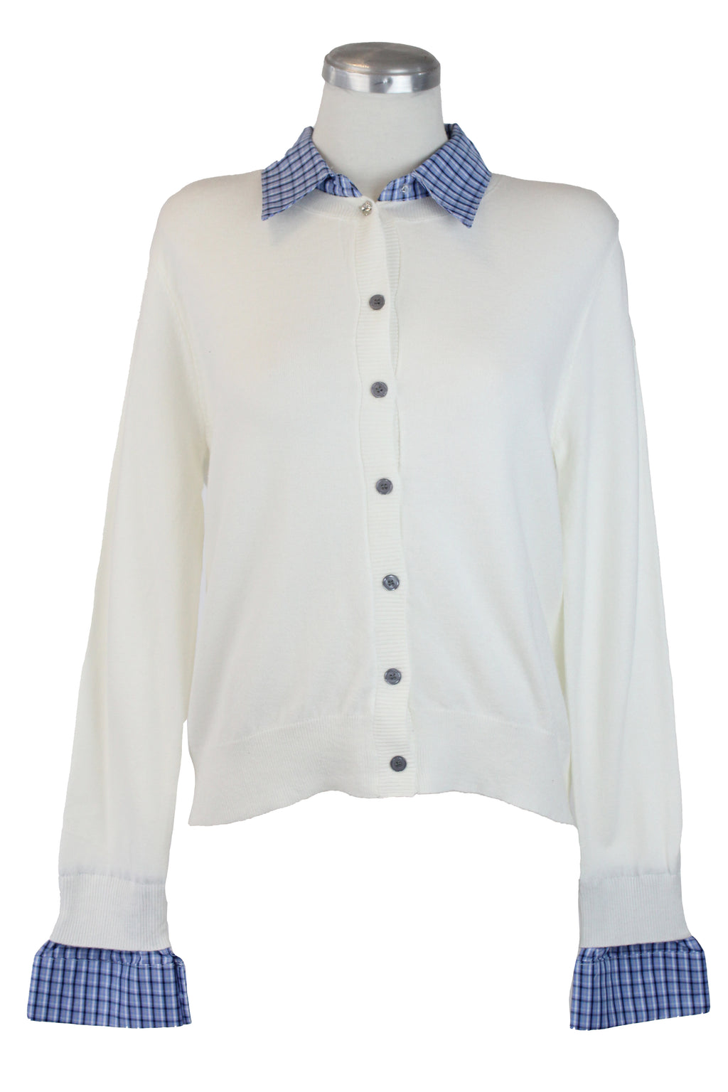 H922 Suéter con Botones Cuello de Camisa Muñecas a Cuadros