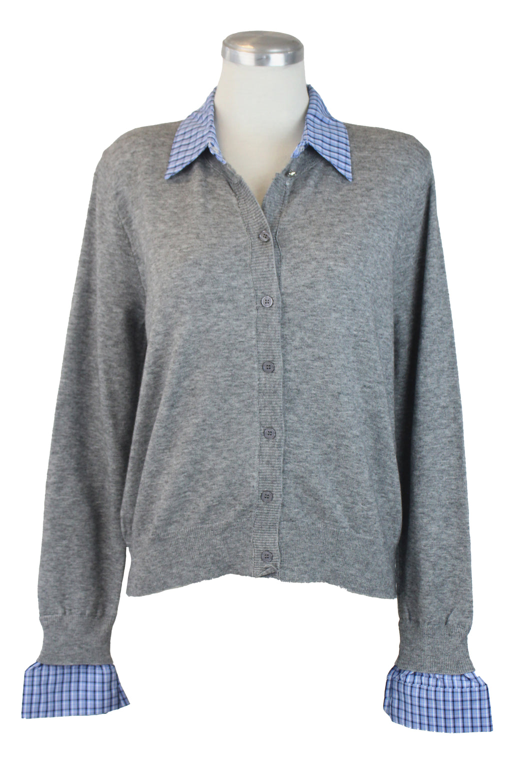 H922 Suéter con Botones Cuello de Camisa Muñecas a Cuadros