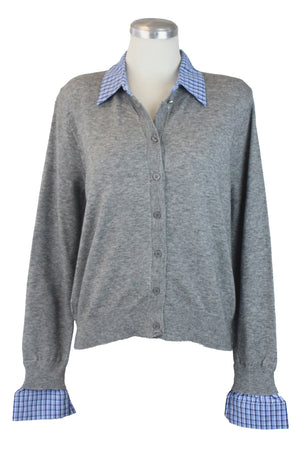 H922 Suéter con Botones Cuello de Camisa Muñecas a Cuadros