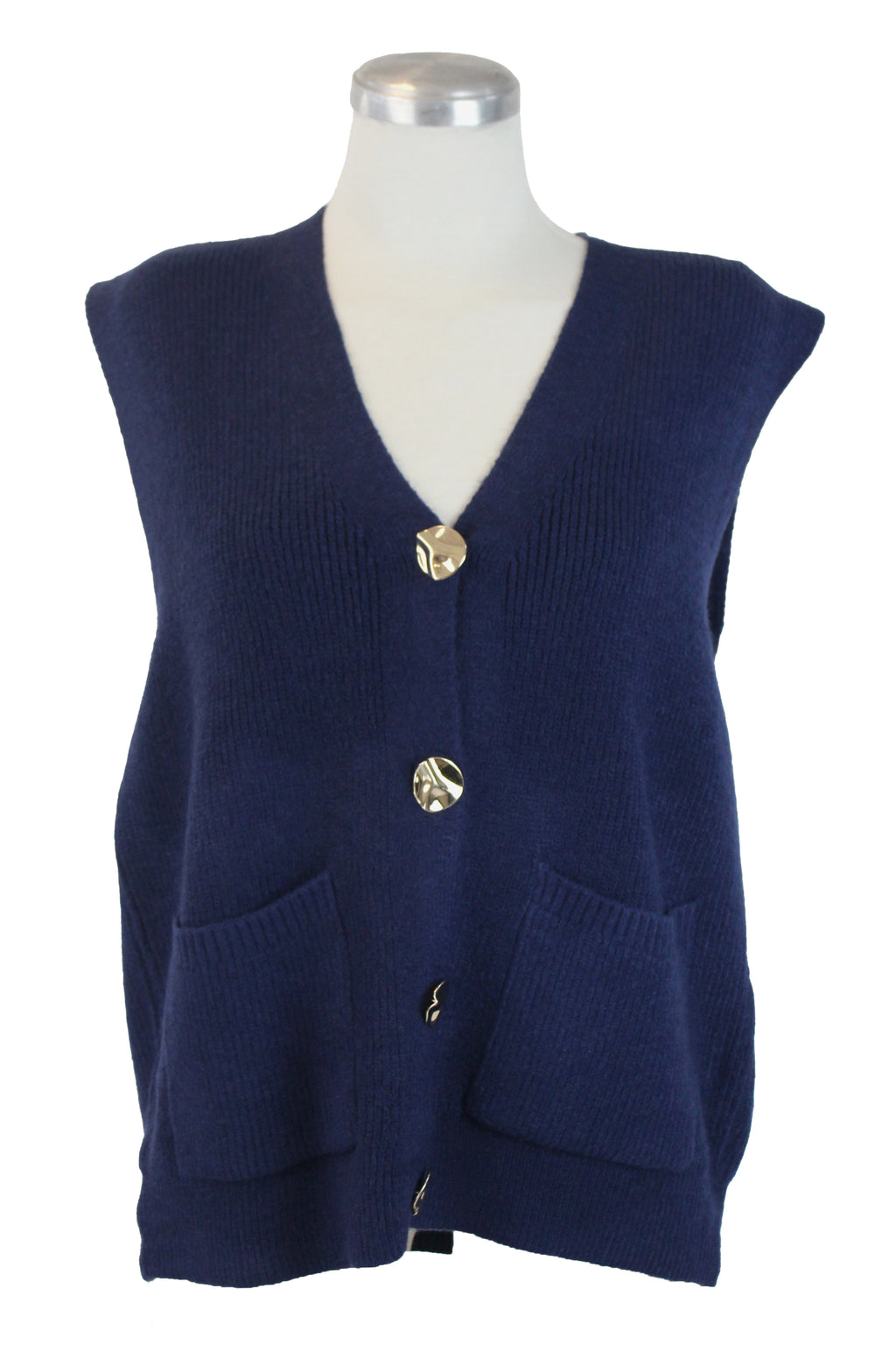 T3530 Chaleco Tejido Botones Dorados Arrugados