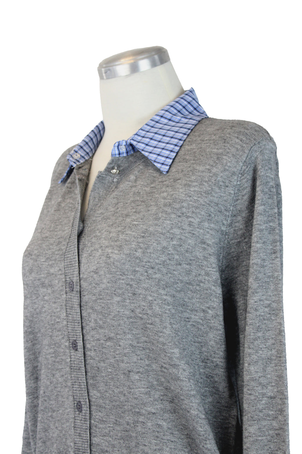 H922 Suéter con Botones Cuello de Camisa Muñecas a Cuadros