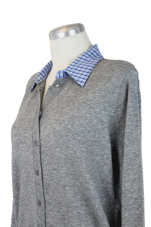 H922 Suéter con Botones Cuello de Camisa Muñecas a Cuadros