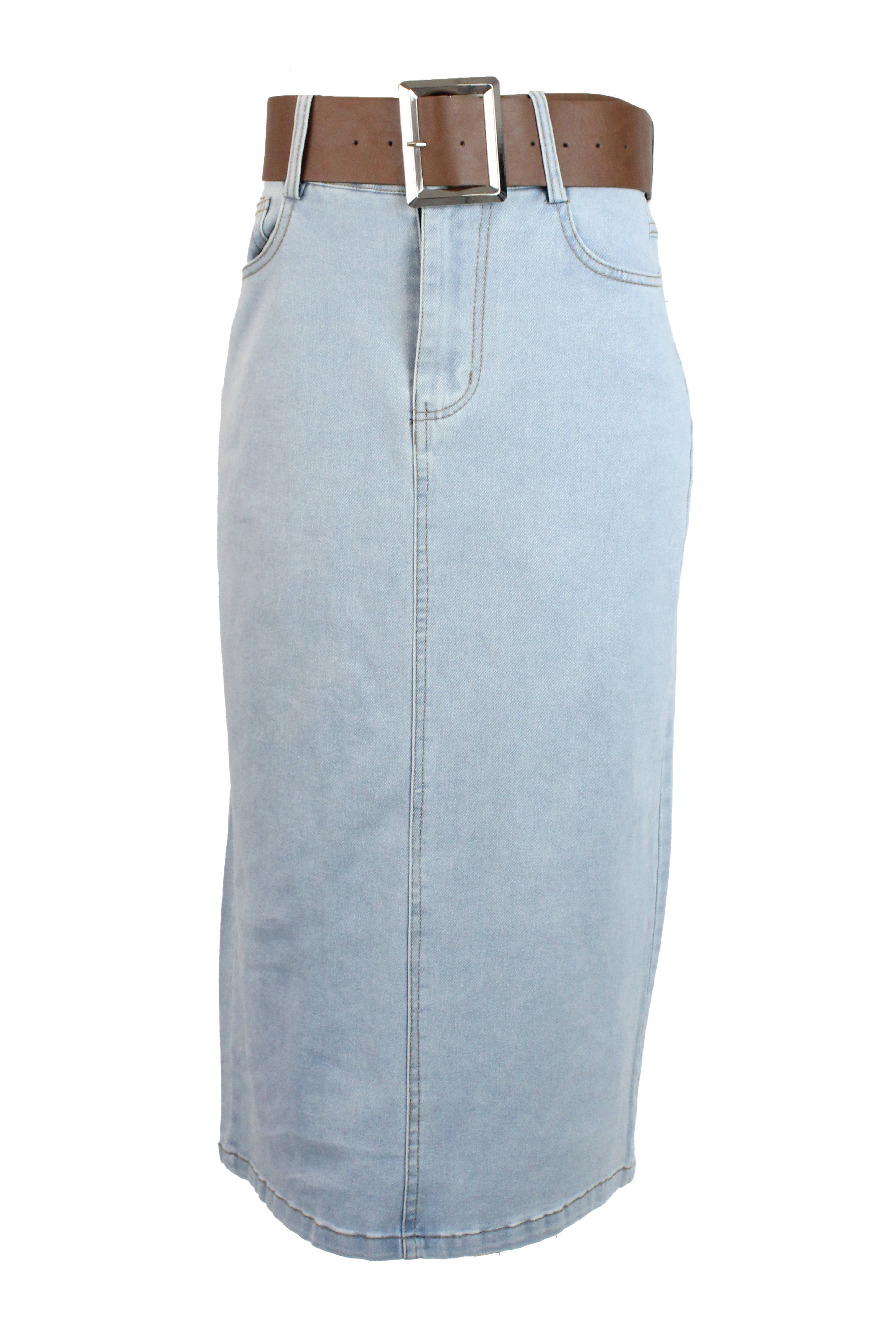 T3770 Falda de Mezclilla con Cinto Hebilla Rectangular