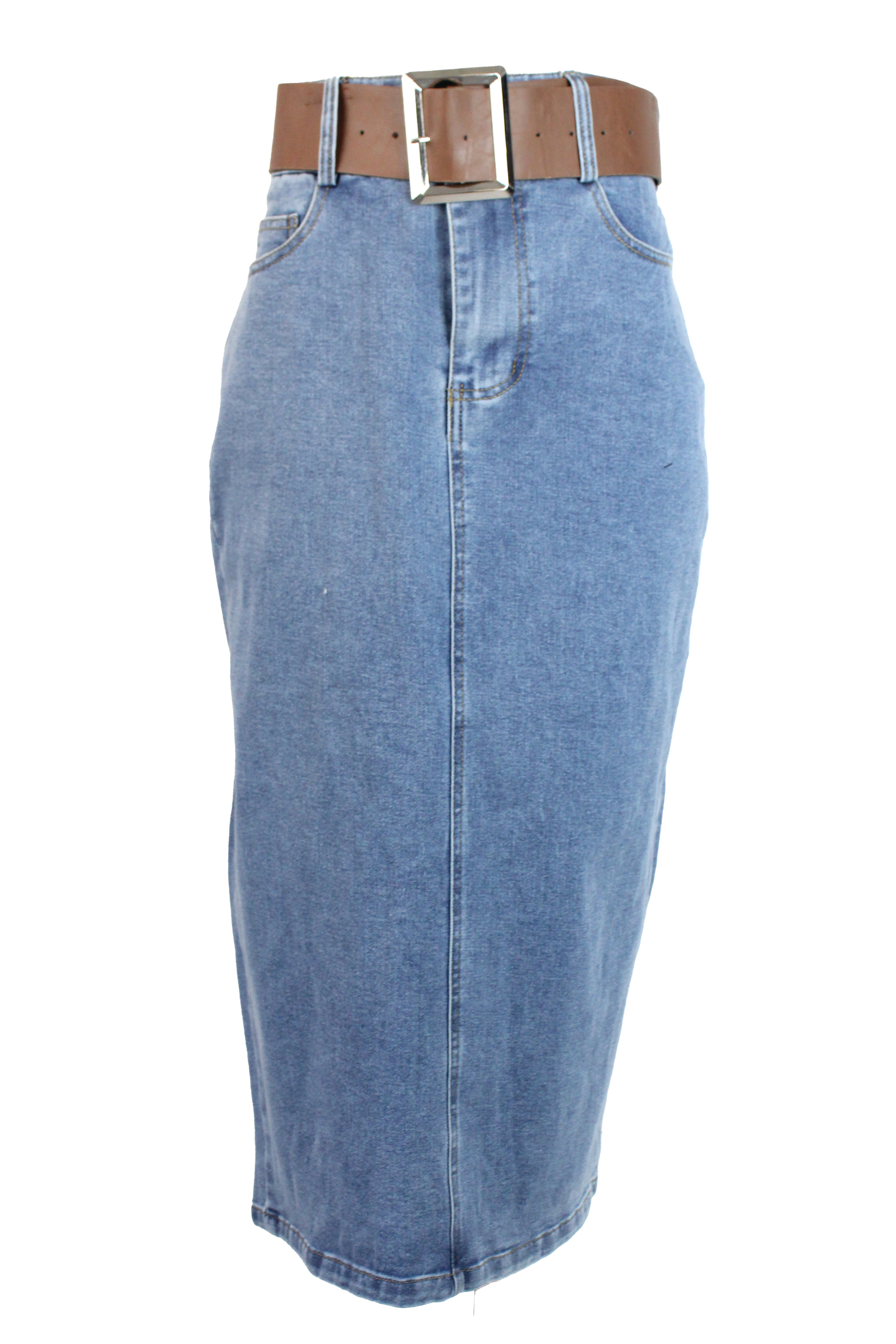 T3770 Falda de Mezclilla con Cinto Hebilla Rectangular