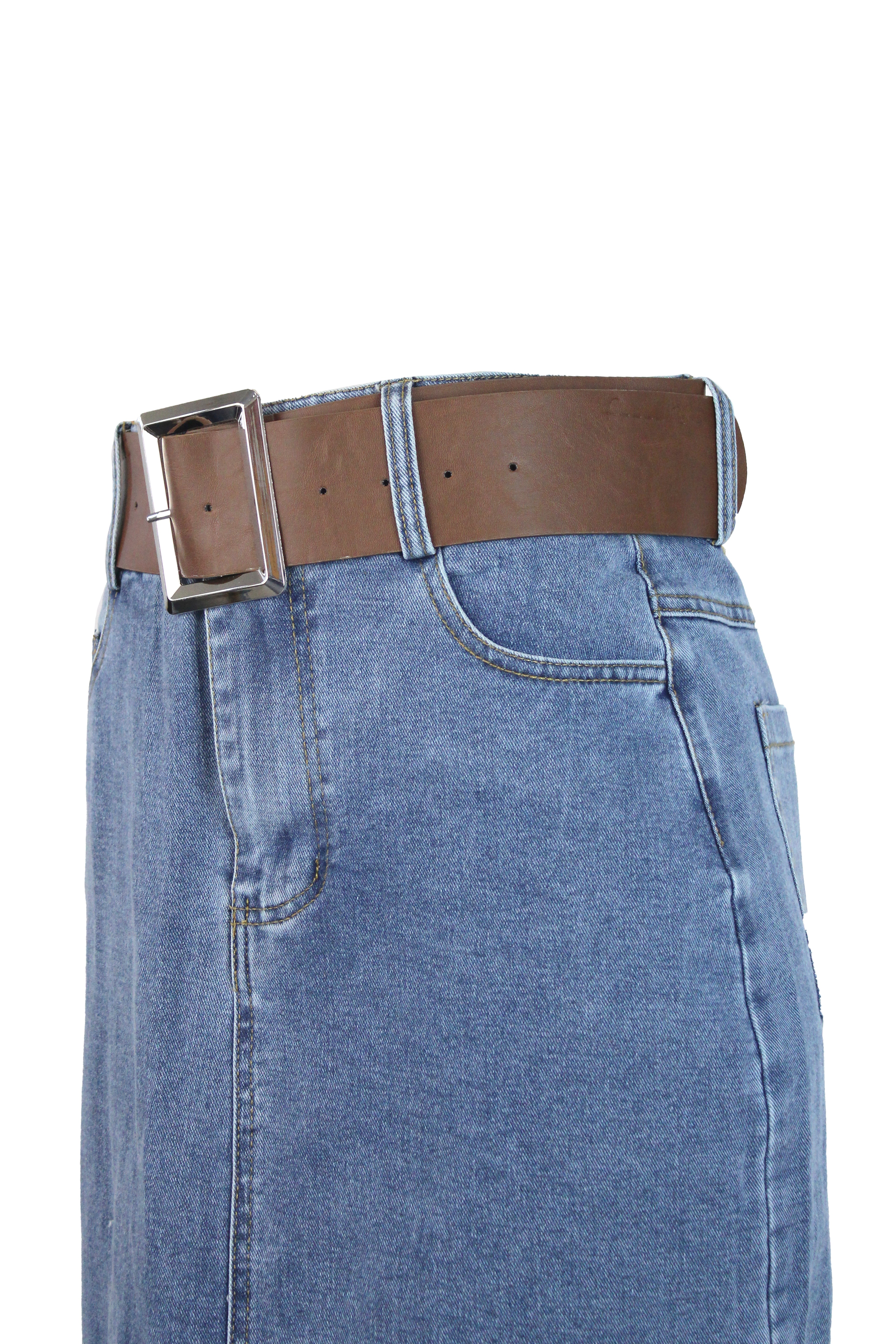 T3770 Falda de Mezclilla con Cinto Hebilla Rectangular