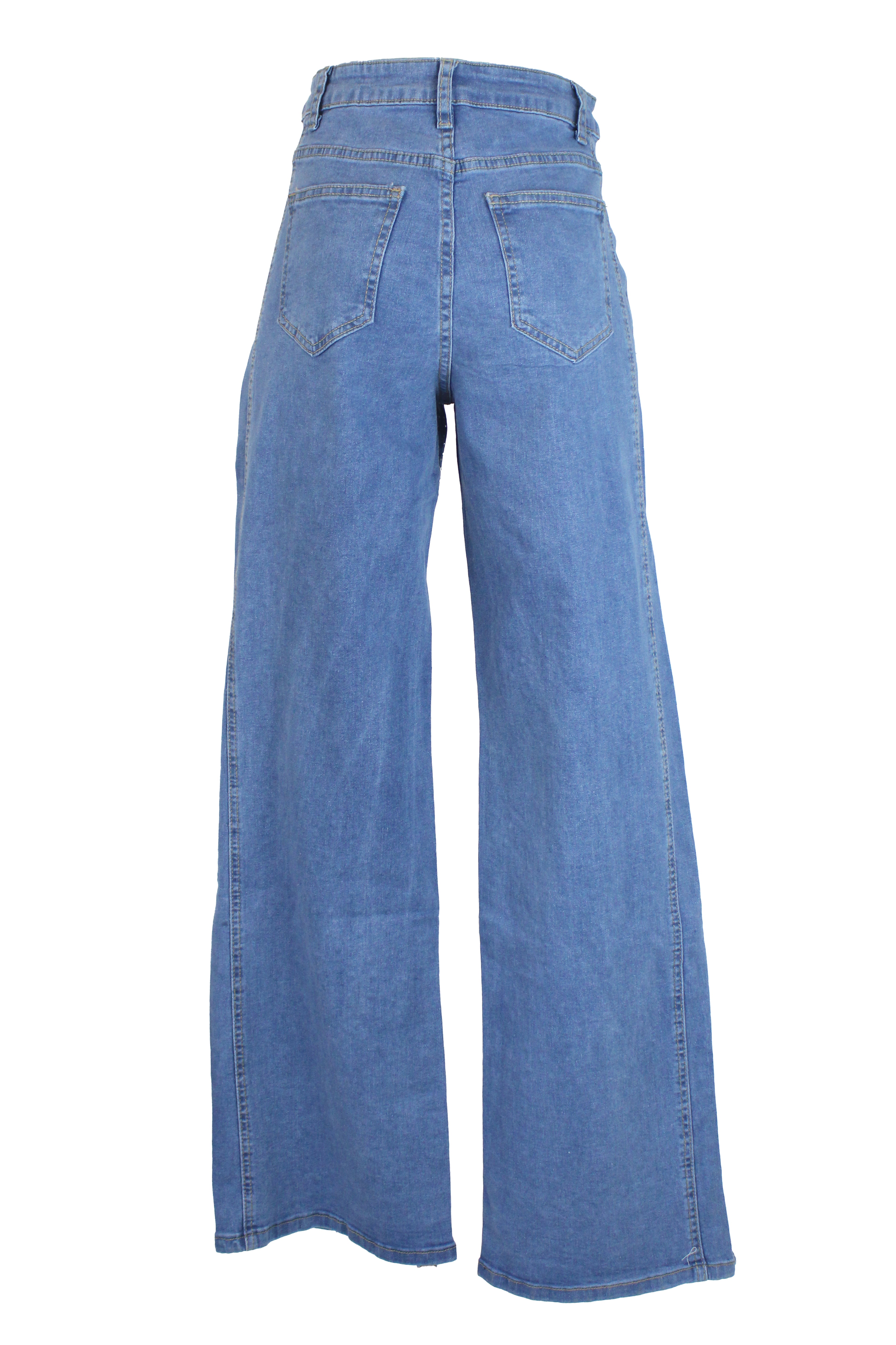 LM3026 Pantalón de Mezclilla con Piedras Decorativas y Botones Laterales