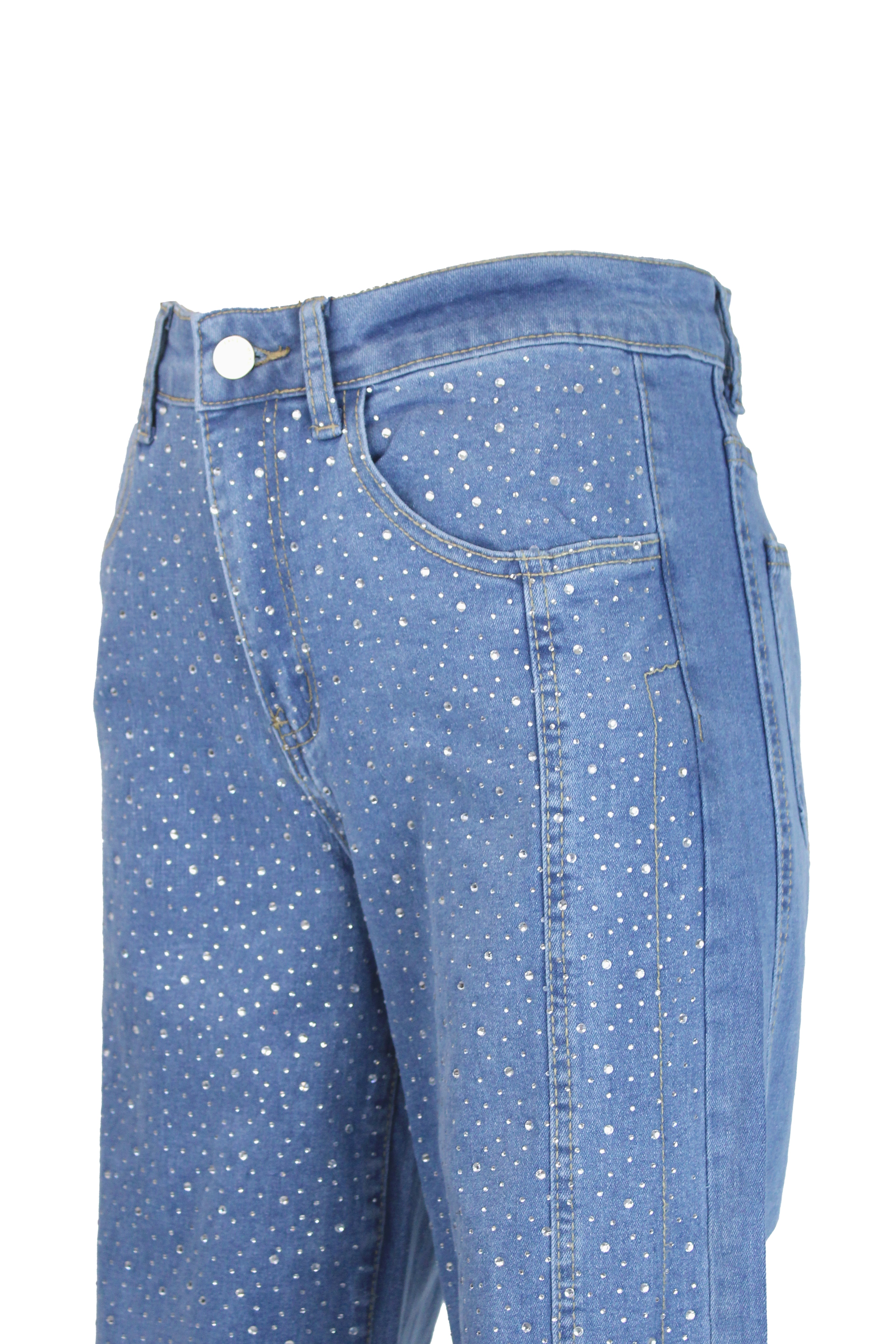 LM3026 Pantalón de Mezclilla con Piedras Decorativas y Botones Laterales