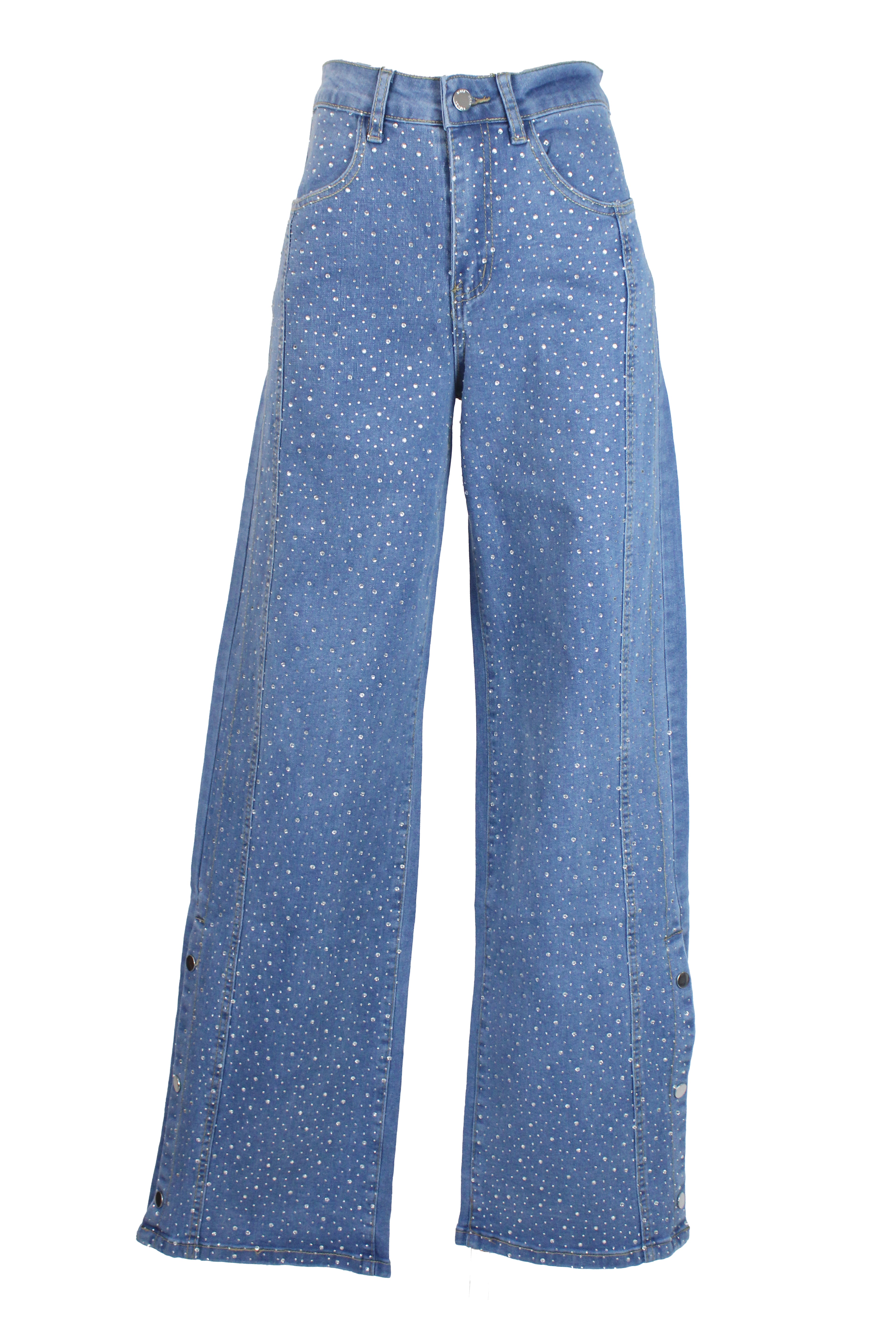 LM3026 Pantalón de Mezclilla con Piedras Decorativas y Botones Laterales