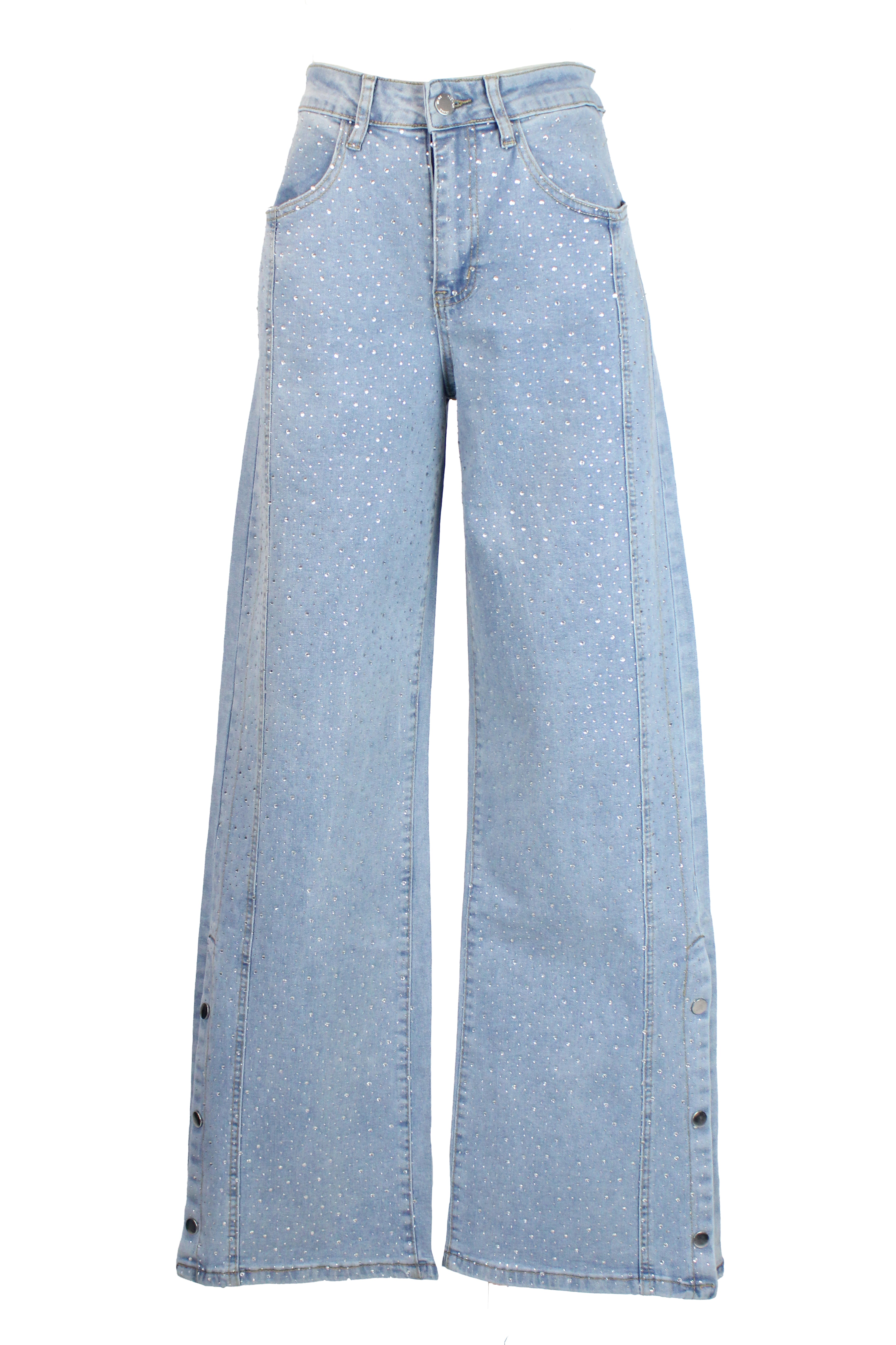 LM3026 Pantalón de Mezclilla con Piedras Decorativas y Botones Laterales