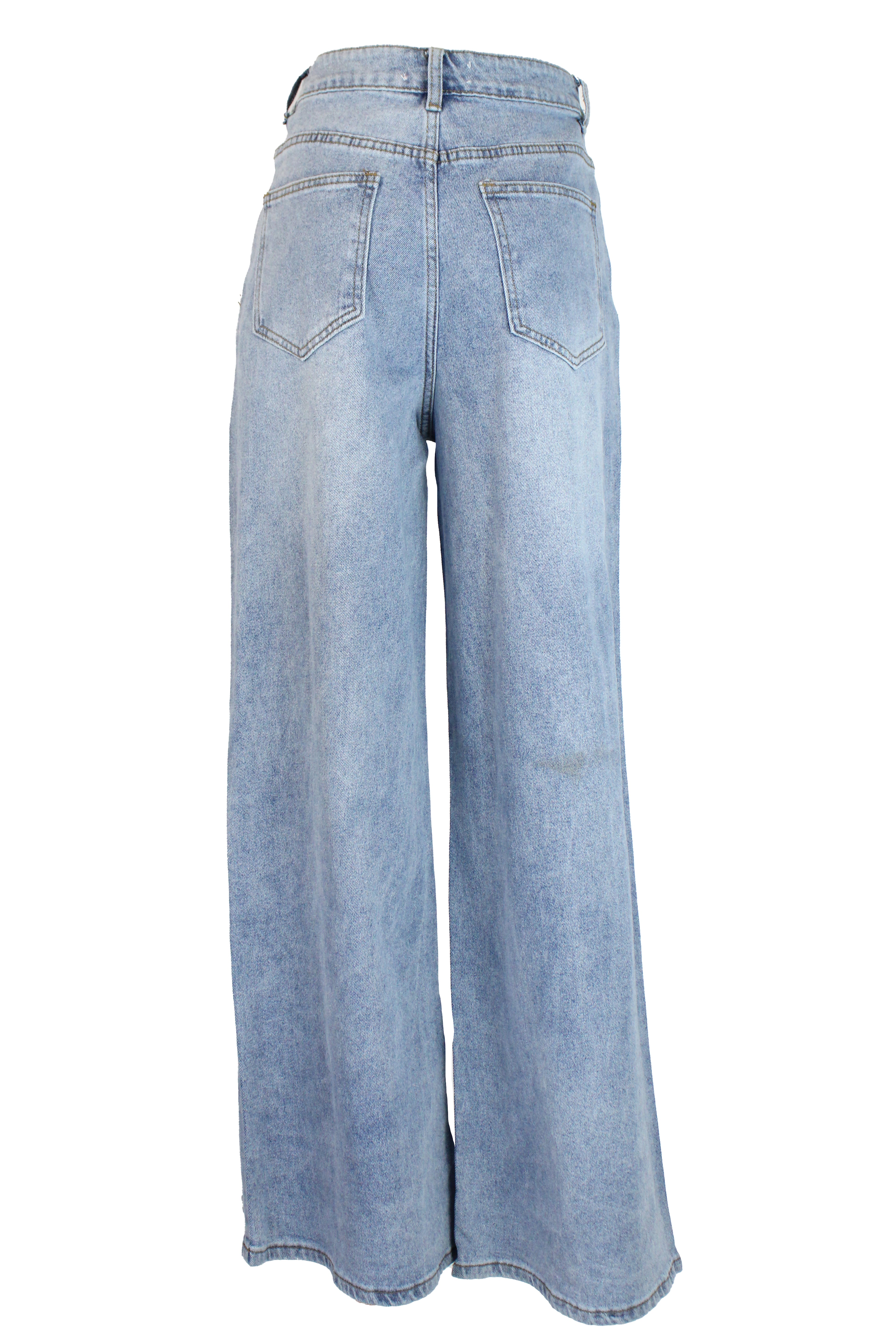 LM1111 Pantalón de Mezclilla Recto con Diseño de Piedras y Flores