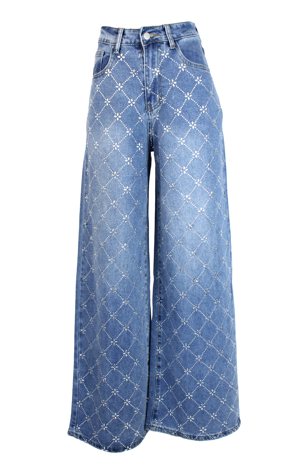 LM1111 Pantalón de Mezclilla Recto con Diseño de Piedras y Flores