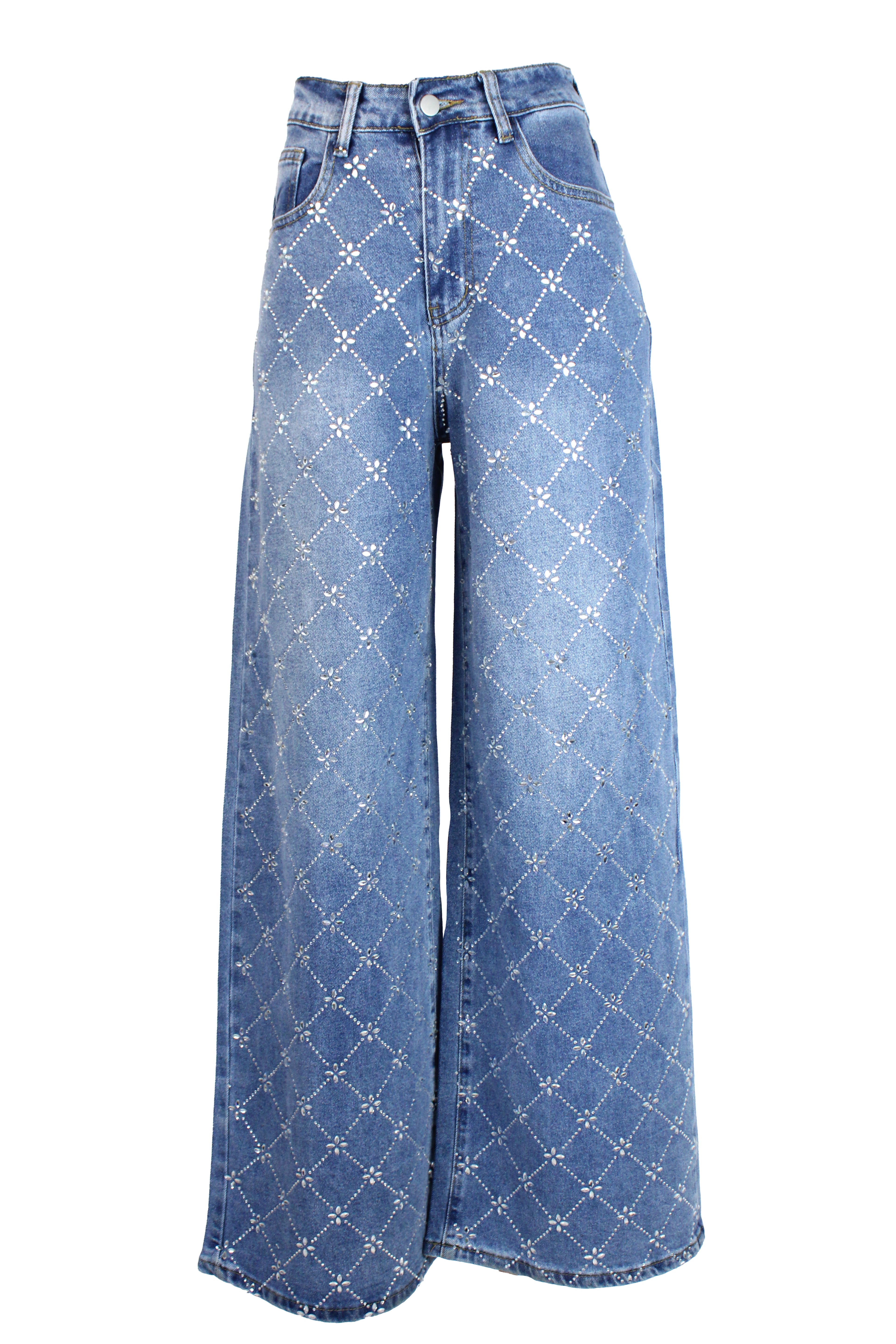 LM1111 Pantalón de Mezclilla Recto con Diseño de Piedras y Flores