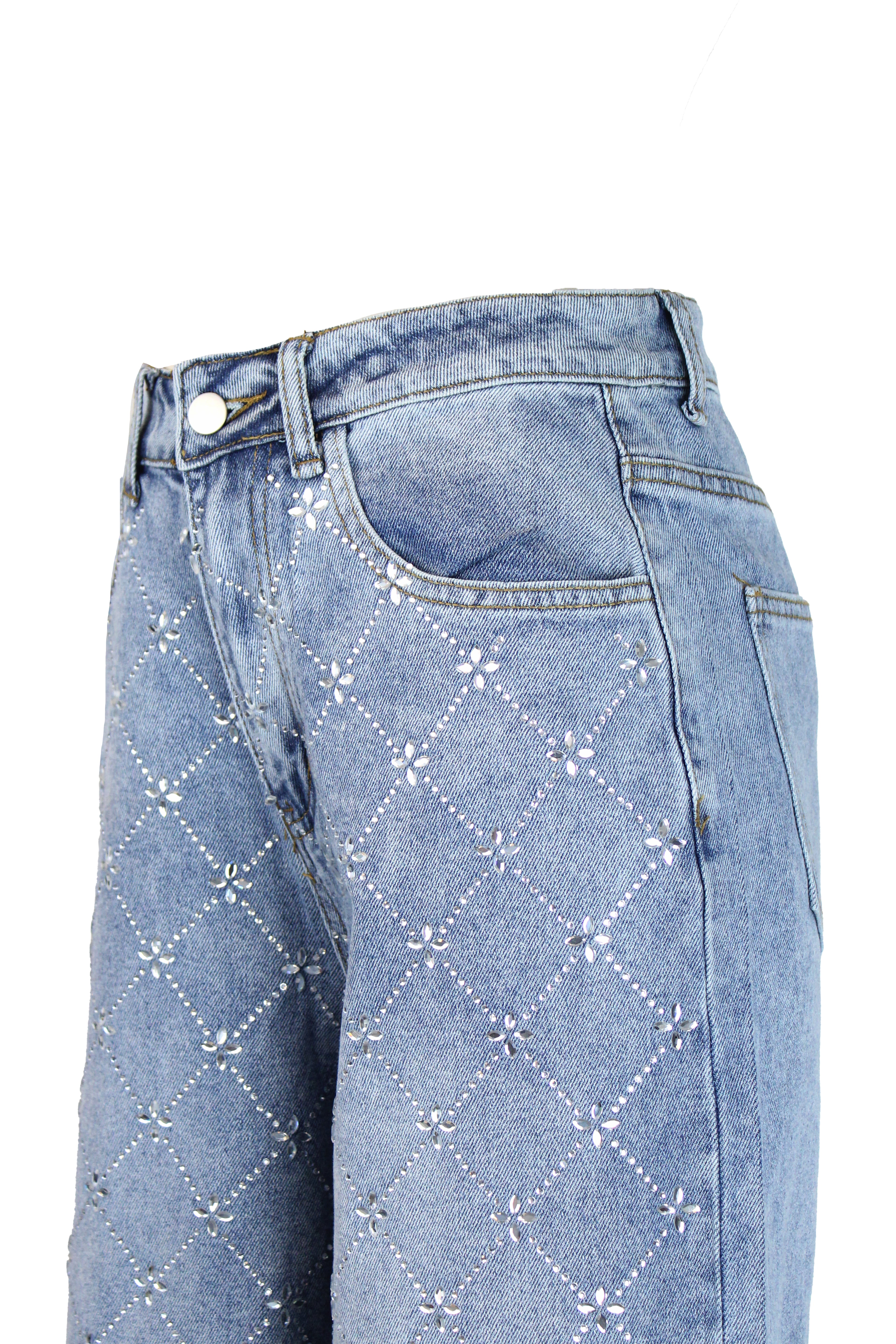 LM1111 Pantalón de Mezclilla Recto con Diseño de Piedras y Flores