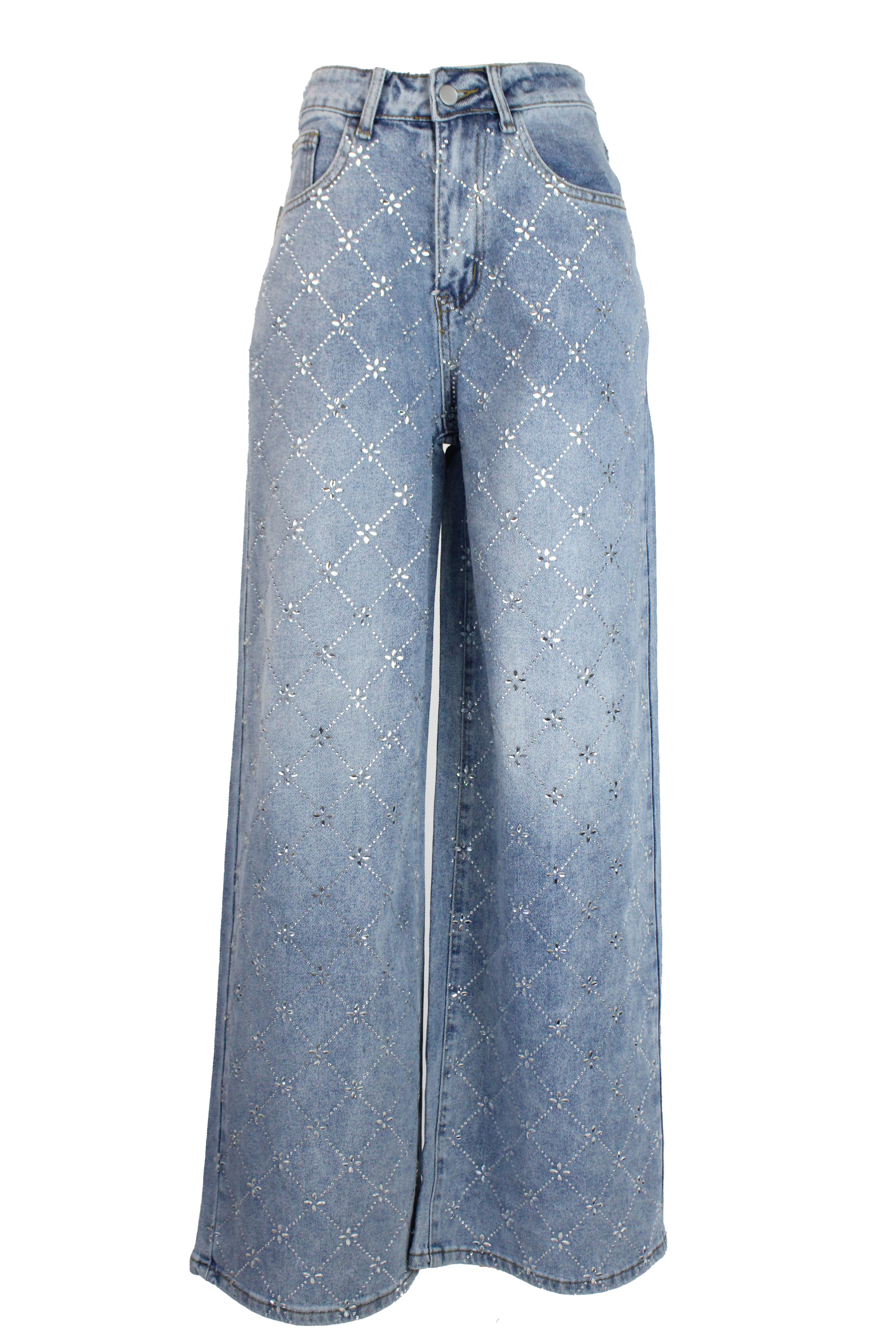 LM1111 Pantalón de Mezclilla Recto con Diseño de Piedras y Flores