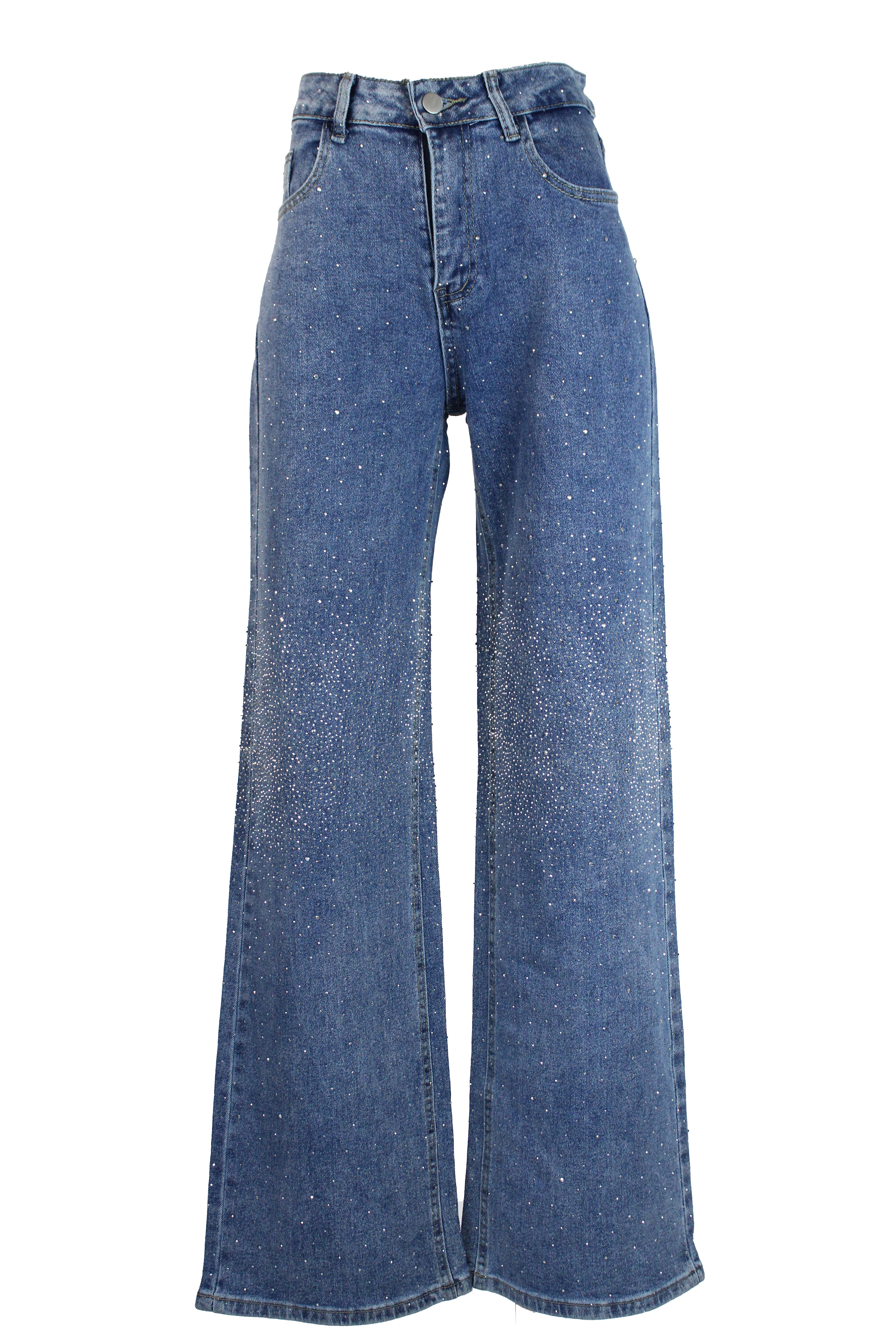 LM1126 Pantalón de Mezclilla con Pedrería Decorativa