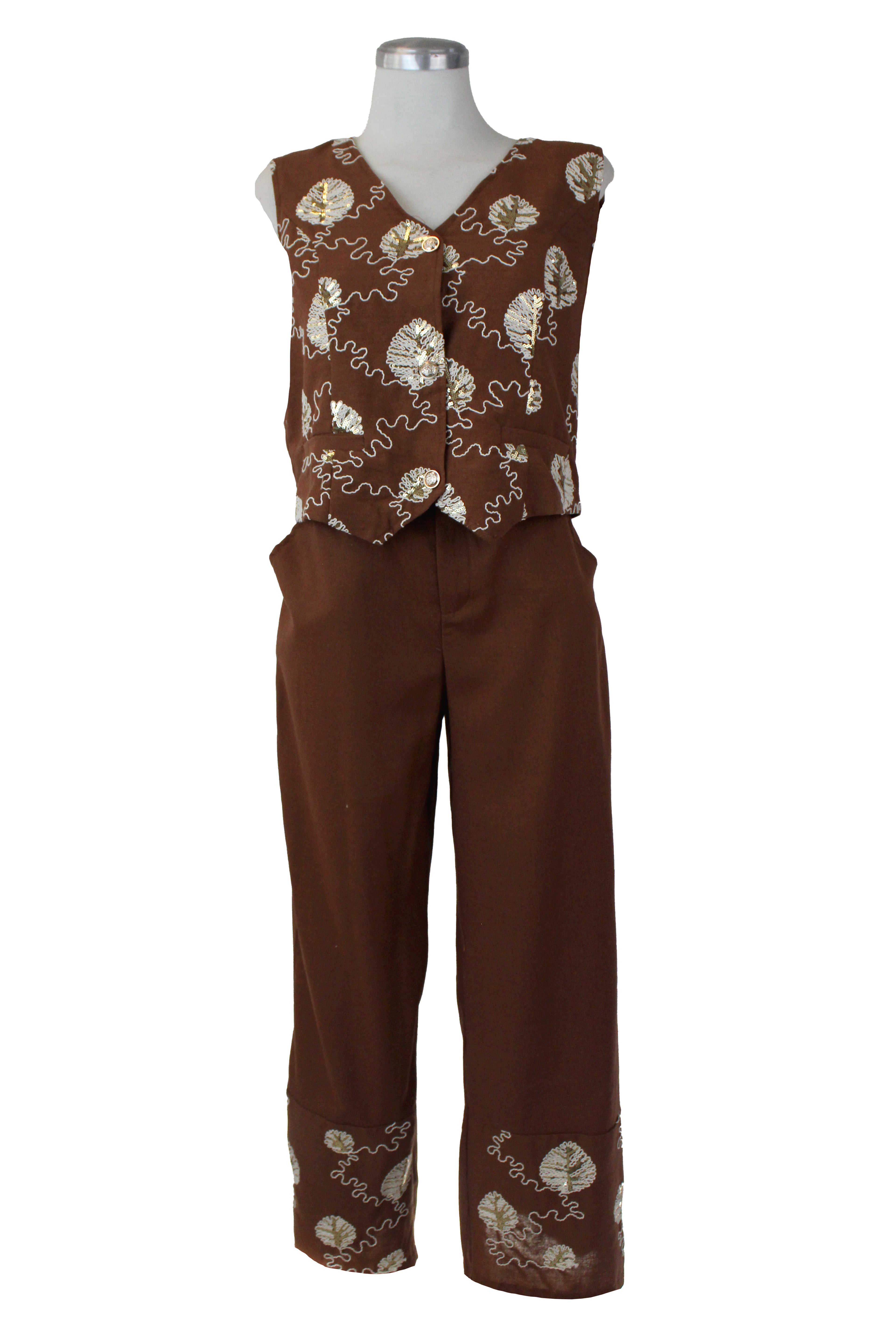 YS243 Conjunto Bordado de Hojas con Lentejuelas Chaleco Botones